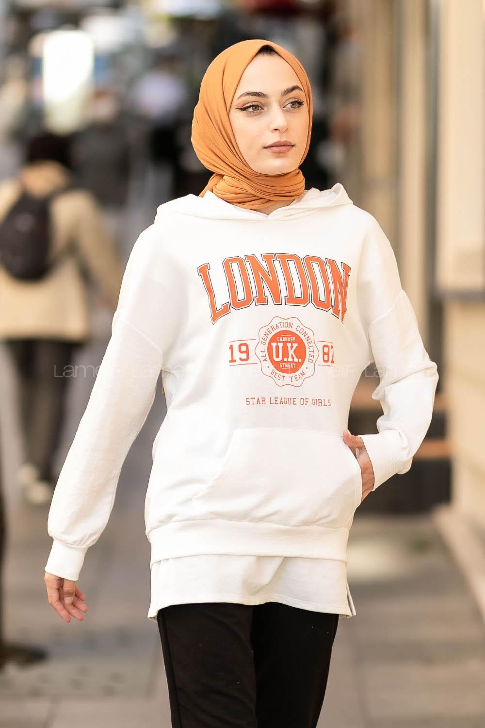 Modalamelif Kapüşonlu London Baskılı Kanguru Cepli Sweat Beyaz