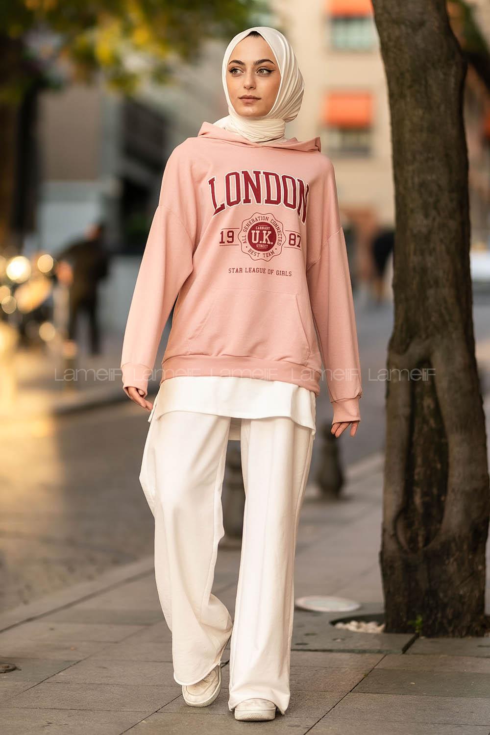 Modalamelif Kapüşonlu London Baskılı Kanguru Cepli Sweat Pudra