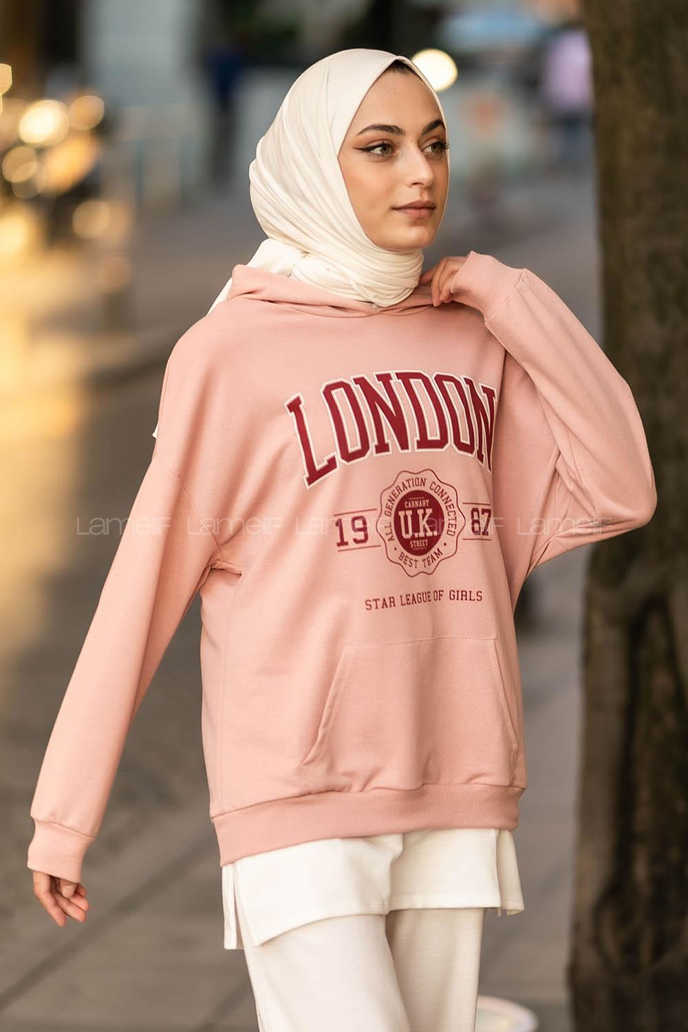 Modalamelif Kapüşonlu London Baskılı Kanguru Cepli Sweat Pudra
