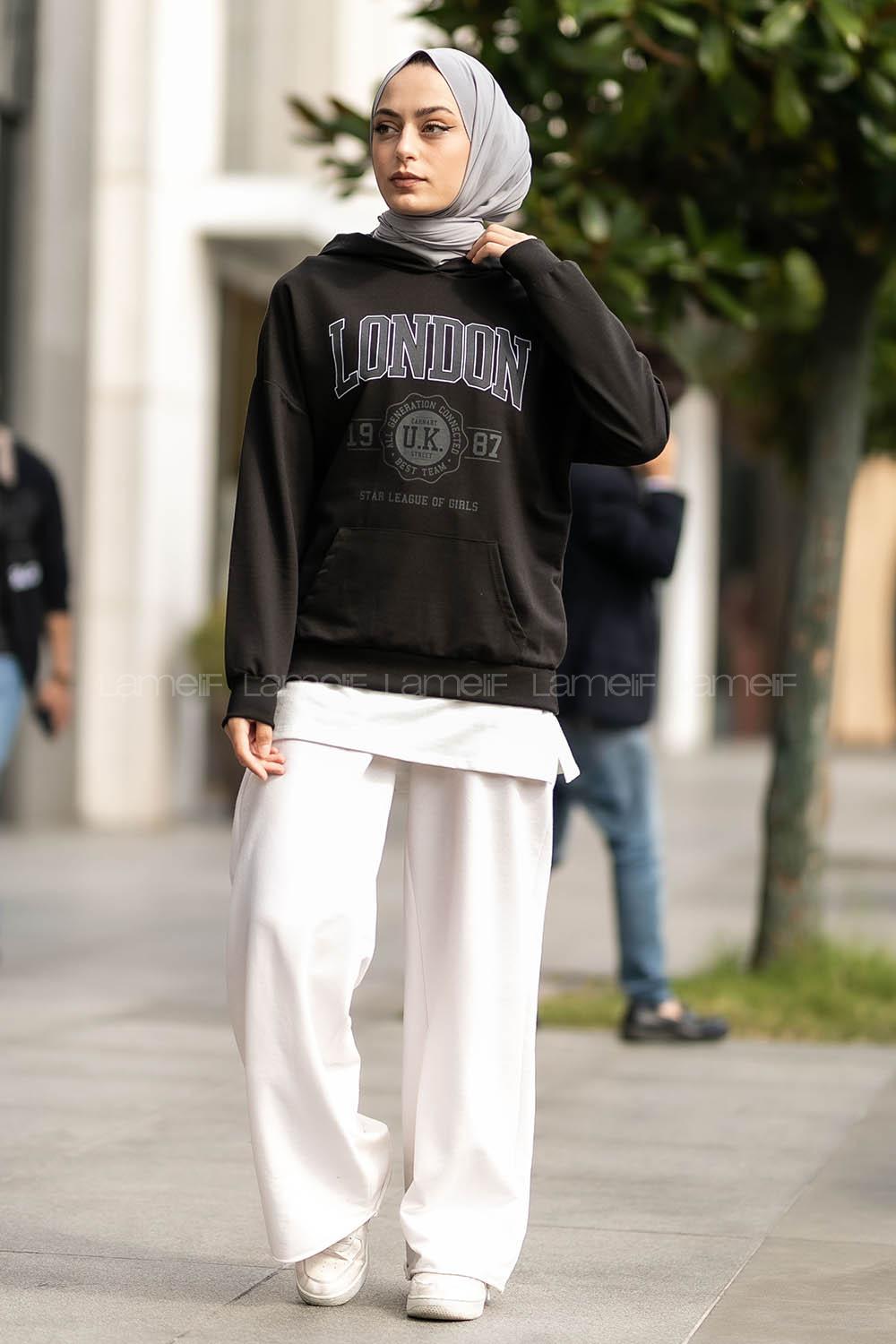 Modalamelif Kapüşonlu London Baskılı Kanguru Cepli Sweat Siyah