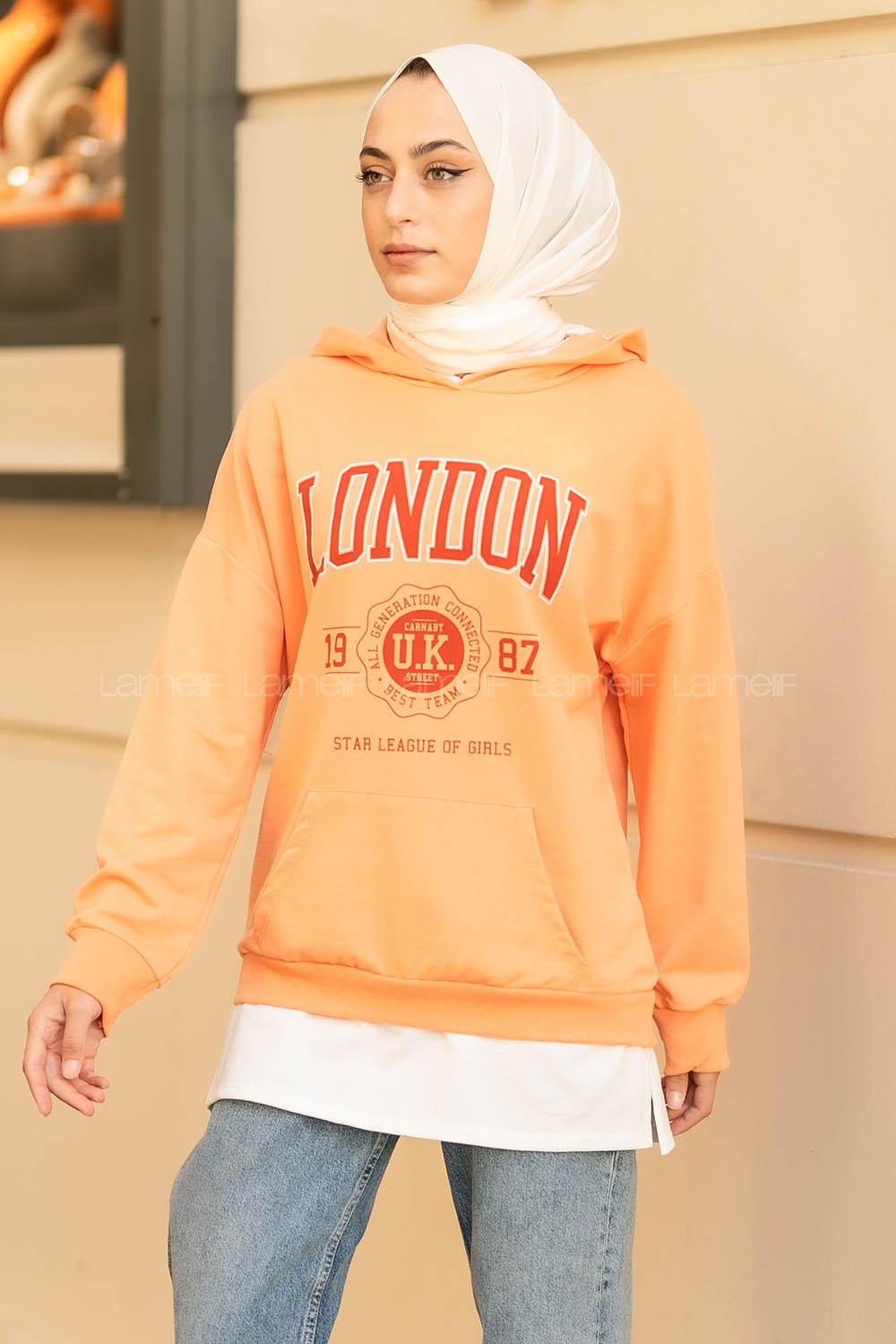 Modalamelif Kapüşonlu London Baskılı Kanguru Cepli Sweat Somon