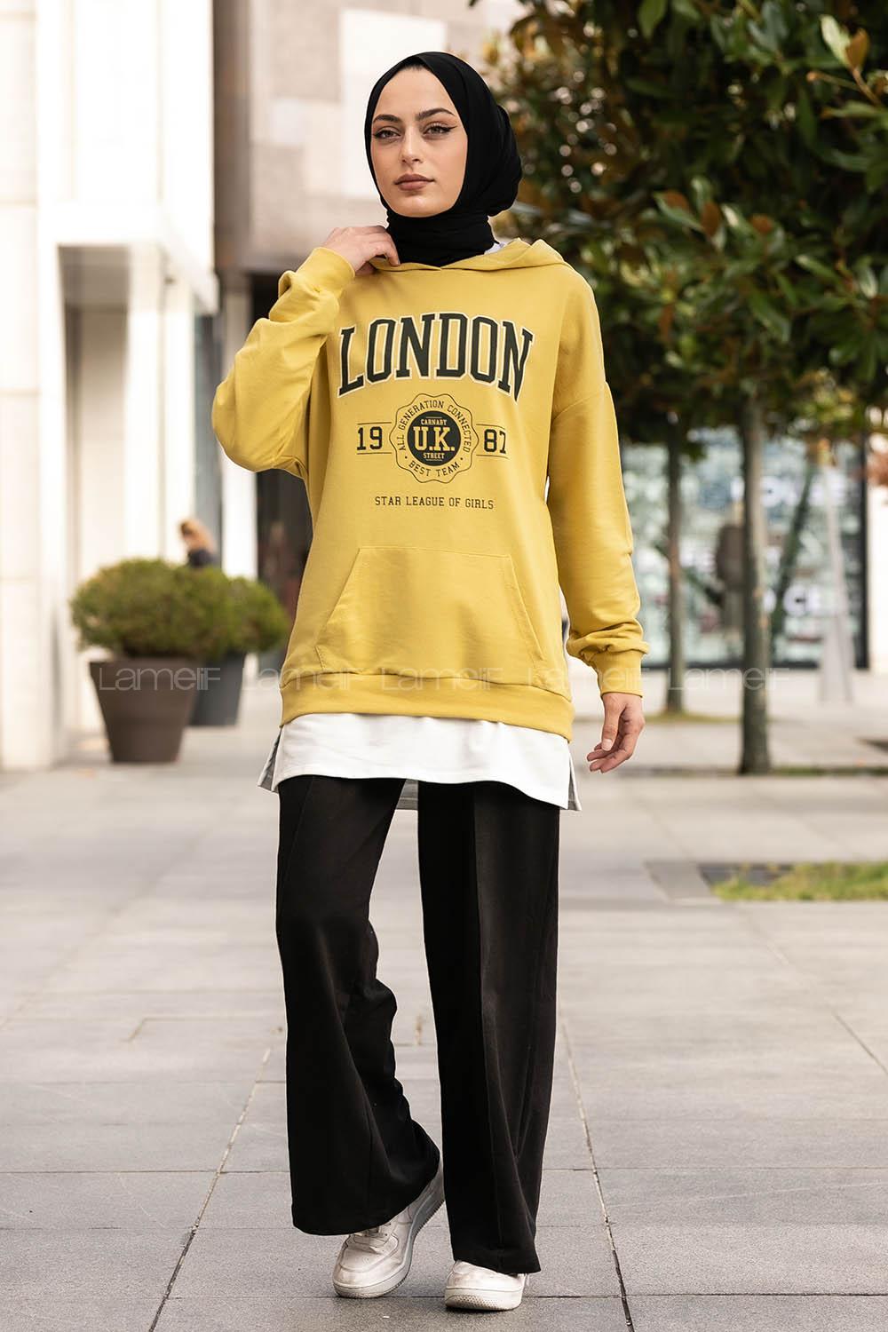 Modalamelif Kapüşonlu London Baskılı Kanguru Cepli Sweat Yağ Yeşili