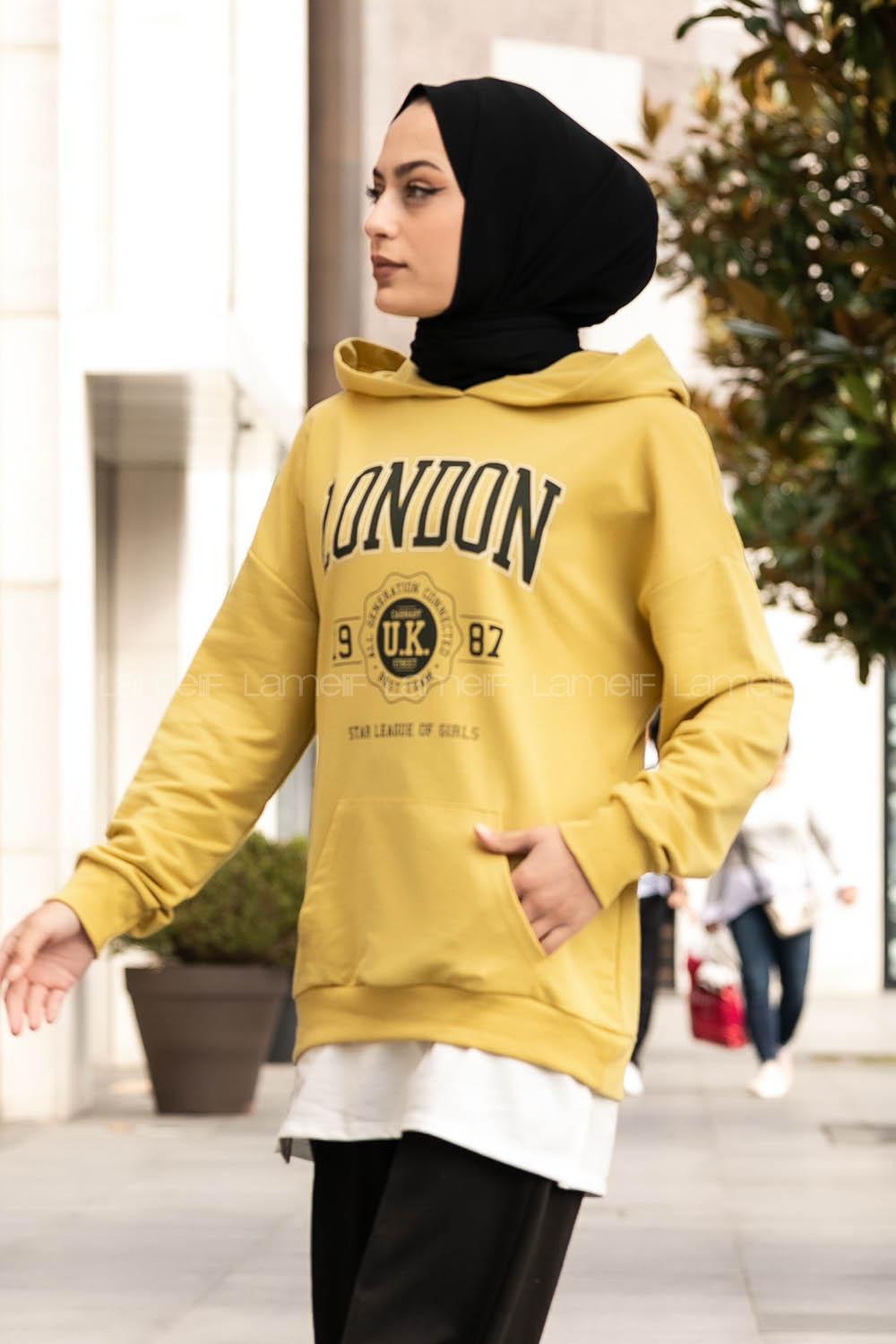 Modalamelif Kapüşonlu London Baskılı Kanguru Cepli Sweat Yağ Yeşili