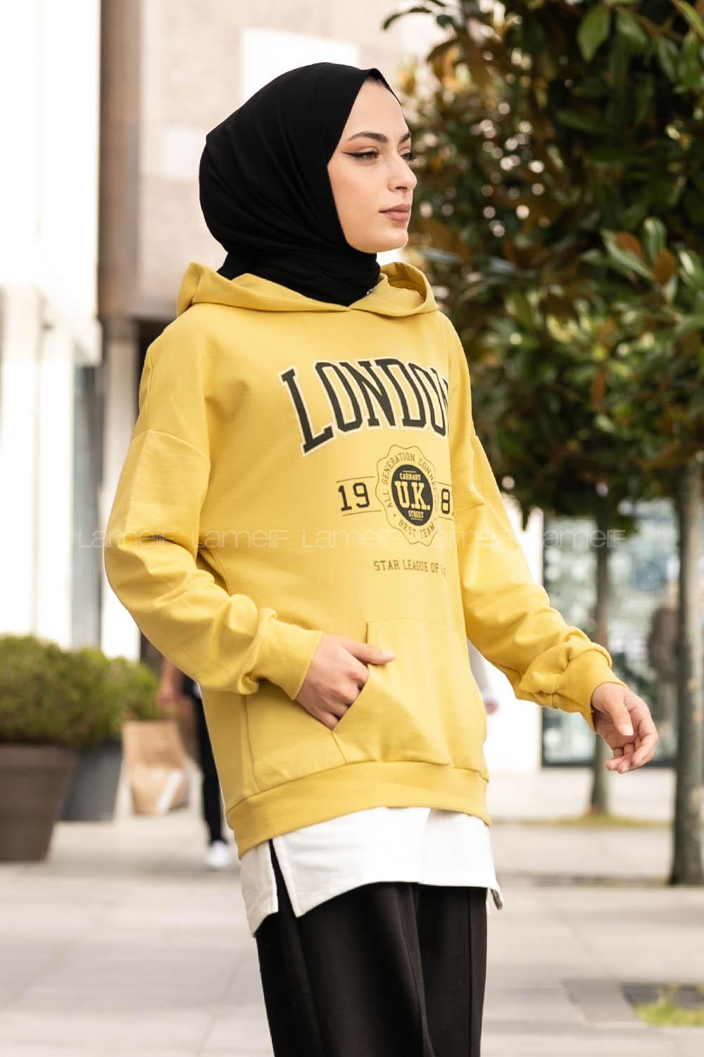 Modalamelif Kapüşonlu London Baskılı Kanguru Cepli Sweat Yağ Yeşili