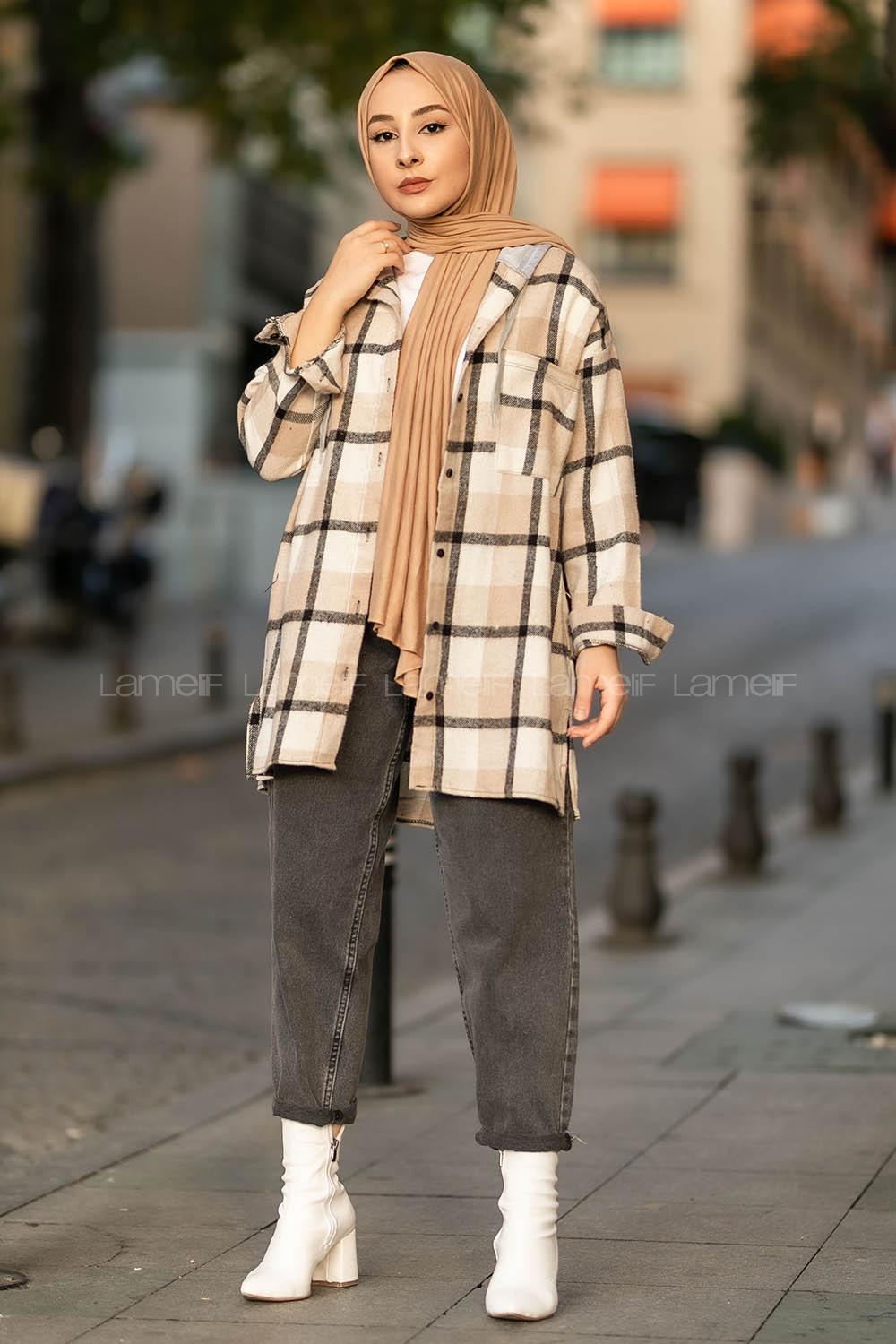 Modalamelif Kapüşonlu Tek Cep Detaylı Oduncu Ekose Gömlek Ekru-Taş