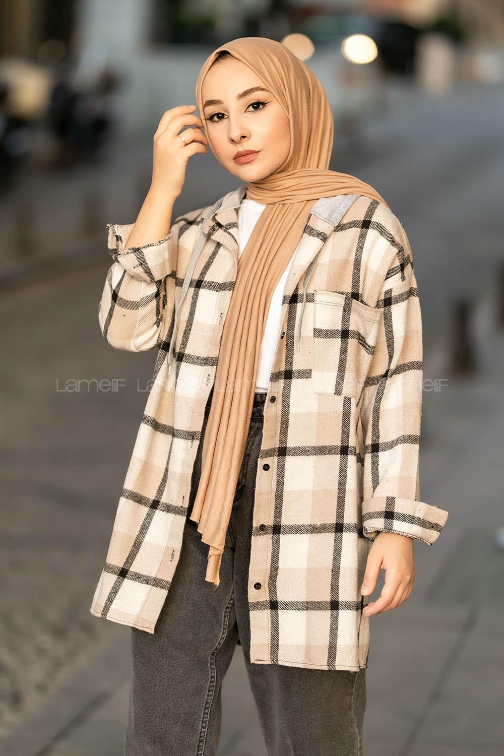 Modalamelif Kapüşonlu Tek Cep Detaylı Oduncu Ekose Gömlek Ekru-Taş