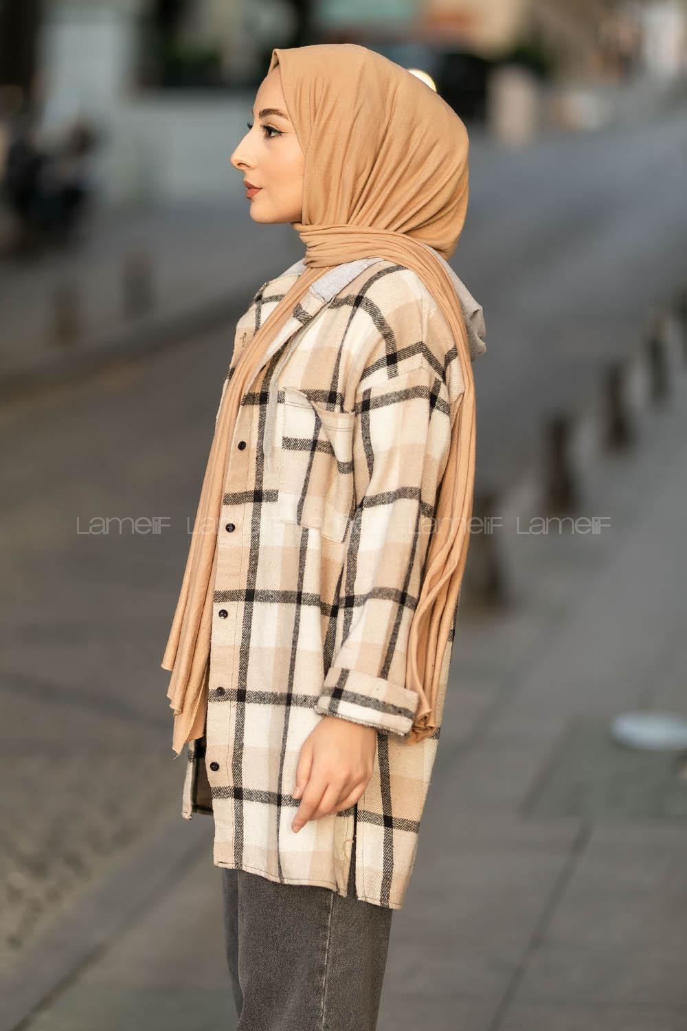 Modalamelif Kapüşonlu Tek Cep Detaylı Oduncu Ekose Gömlek Ekru-Taş