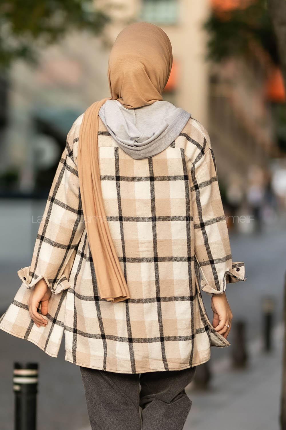 Modalamelif Kapüşonlu Tek Cep Detaylı Oduncu Ekose Gömlek Ekru-Taş