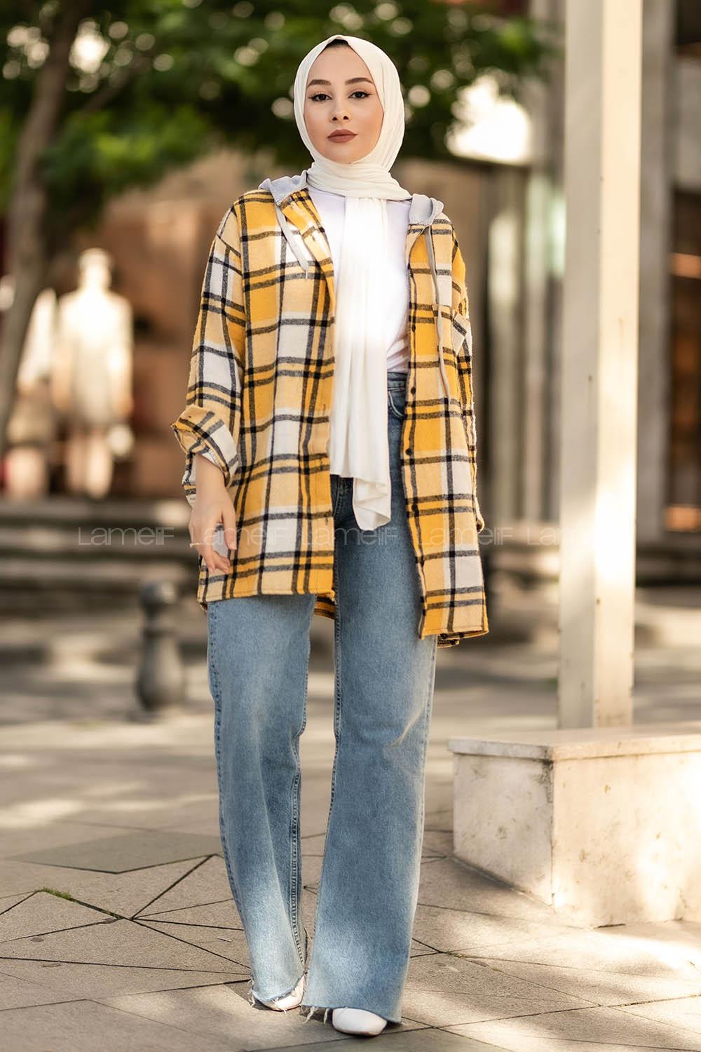 Modalamelif Kapüşonlu Tek Cep Detaylı Oduncu Ekose Gömlek Sarı-Siyah