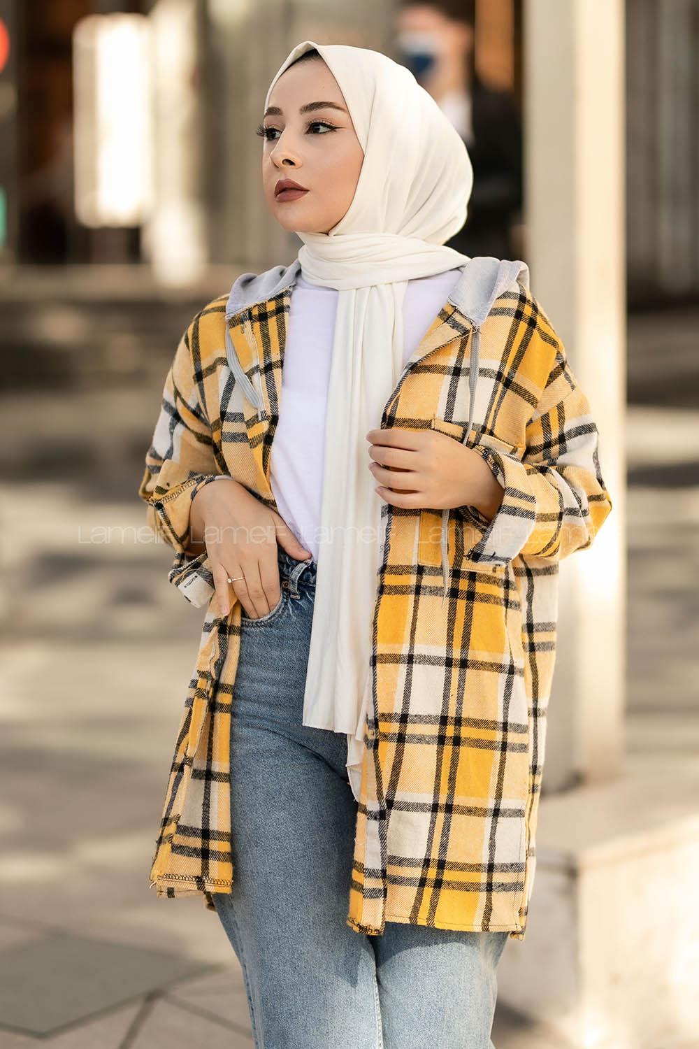 Modalamelif Kapüşonlu Tek Cep Detaylı Oduncu Ekose Gömlek Sarı-Siyah