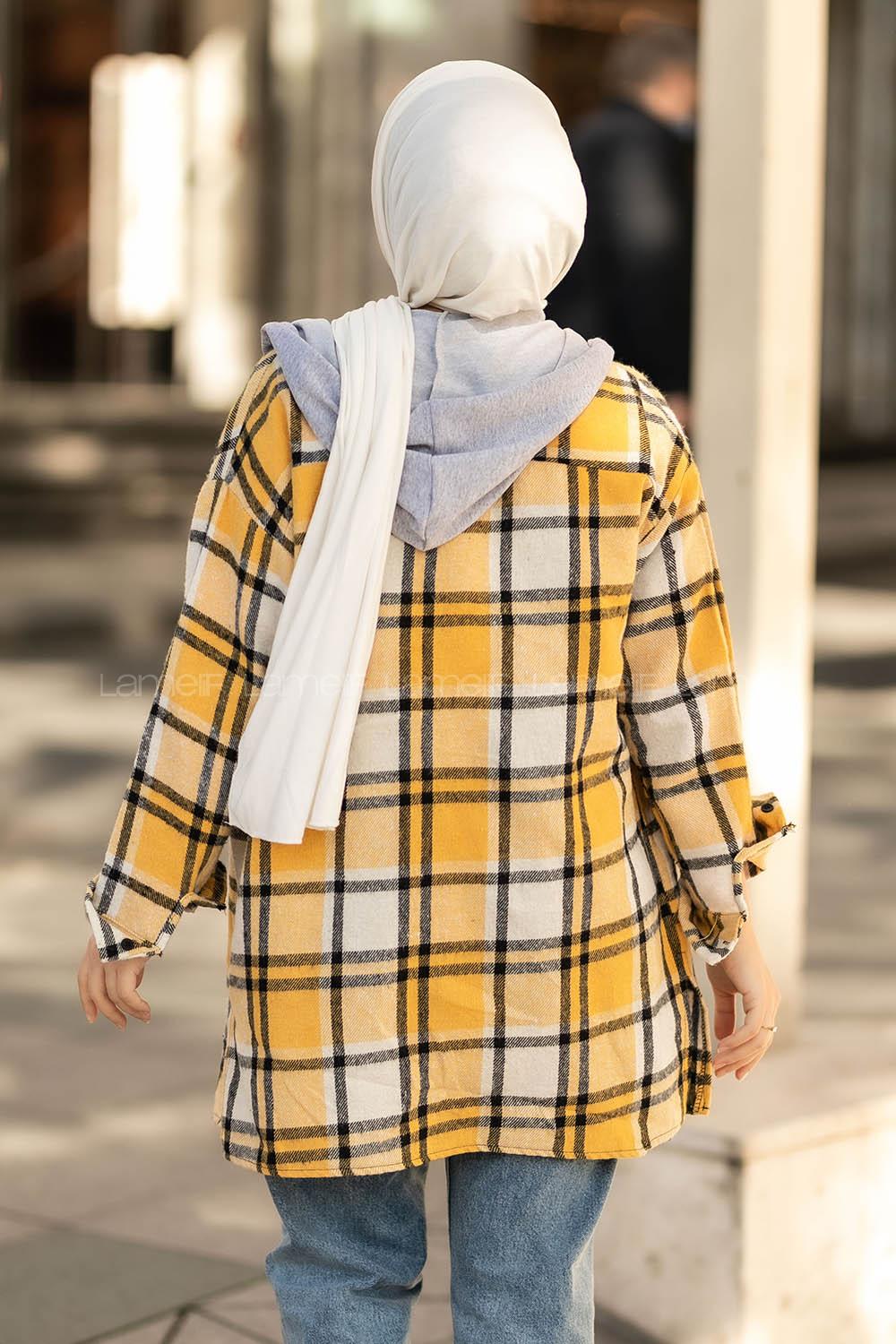 Modalamelif Kapüşonlu Tek Cep Detaylı Oduncu Ekose Gömlek Sarı-Siyah