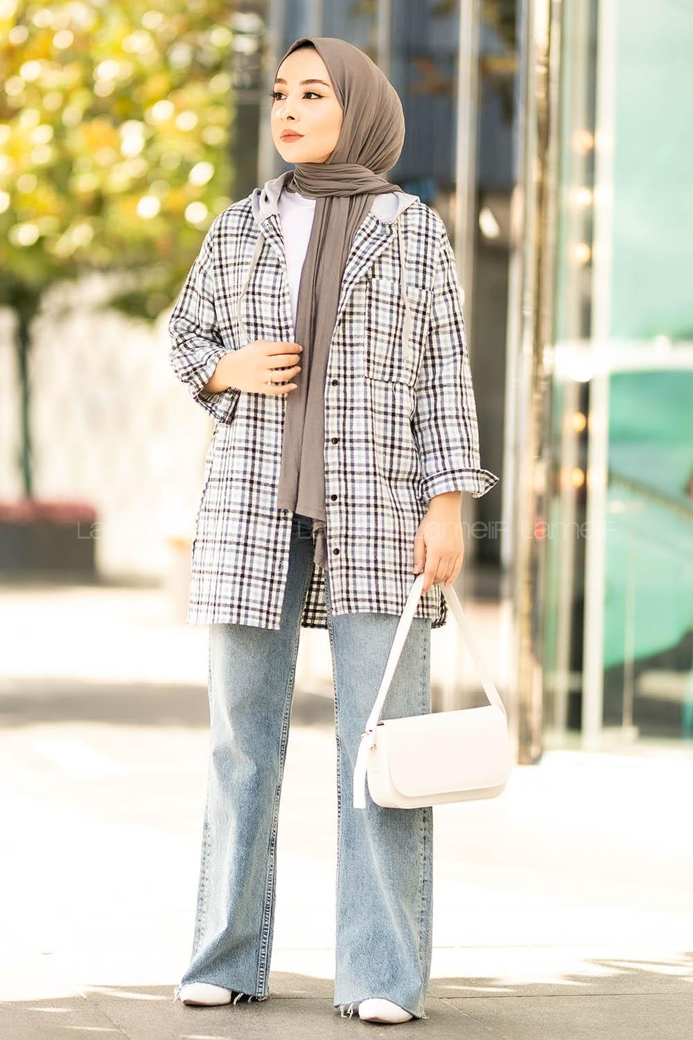 Modalamelif Kapüşonlu Tek Cep Detaylı Oduncu Ekose Pötikare Açık Mavi