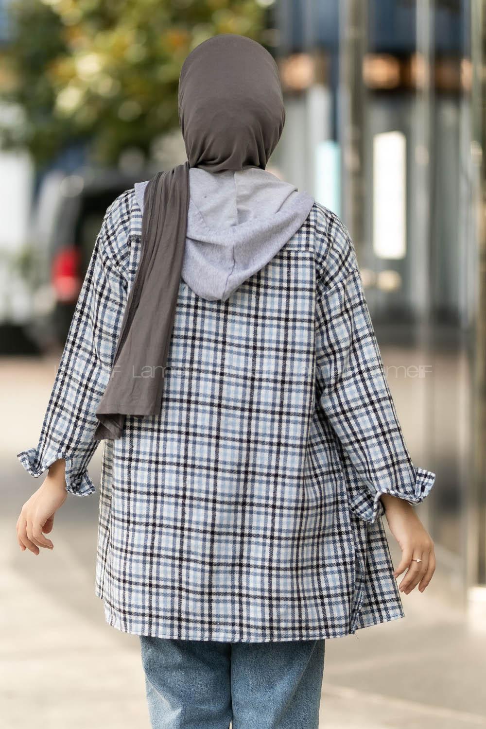 Modalamelif Kapüşonlu Tek Cep Detaylı Oduncu Ekose Pötikare Açık Mavi