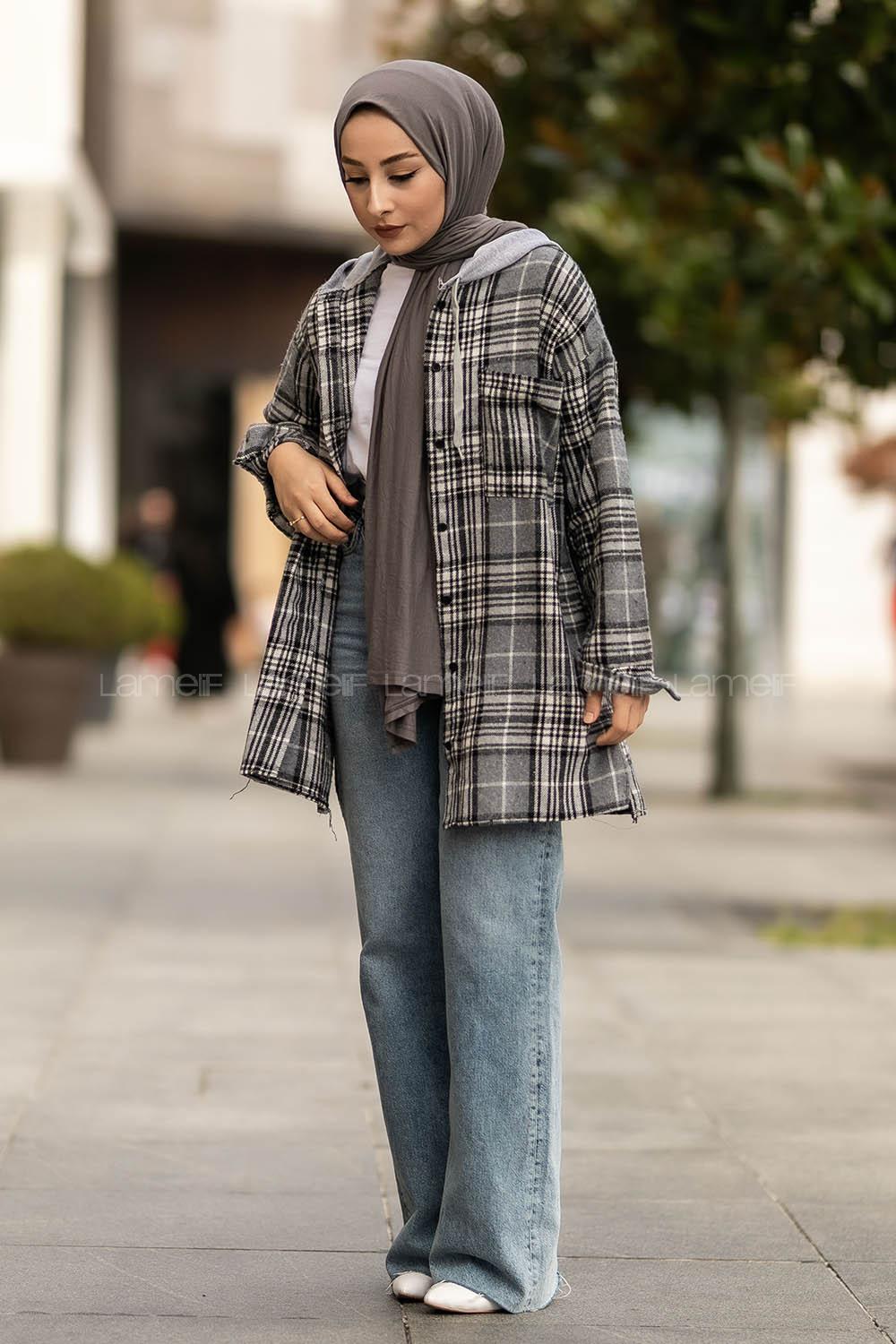 Modalamelif Kapüşonlu Tek Cep Detaylı Oduncu Ekose Pötikare Gri