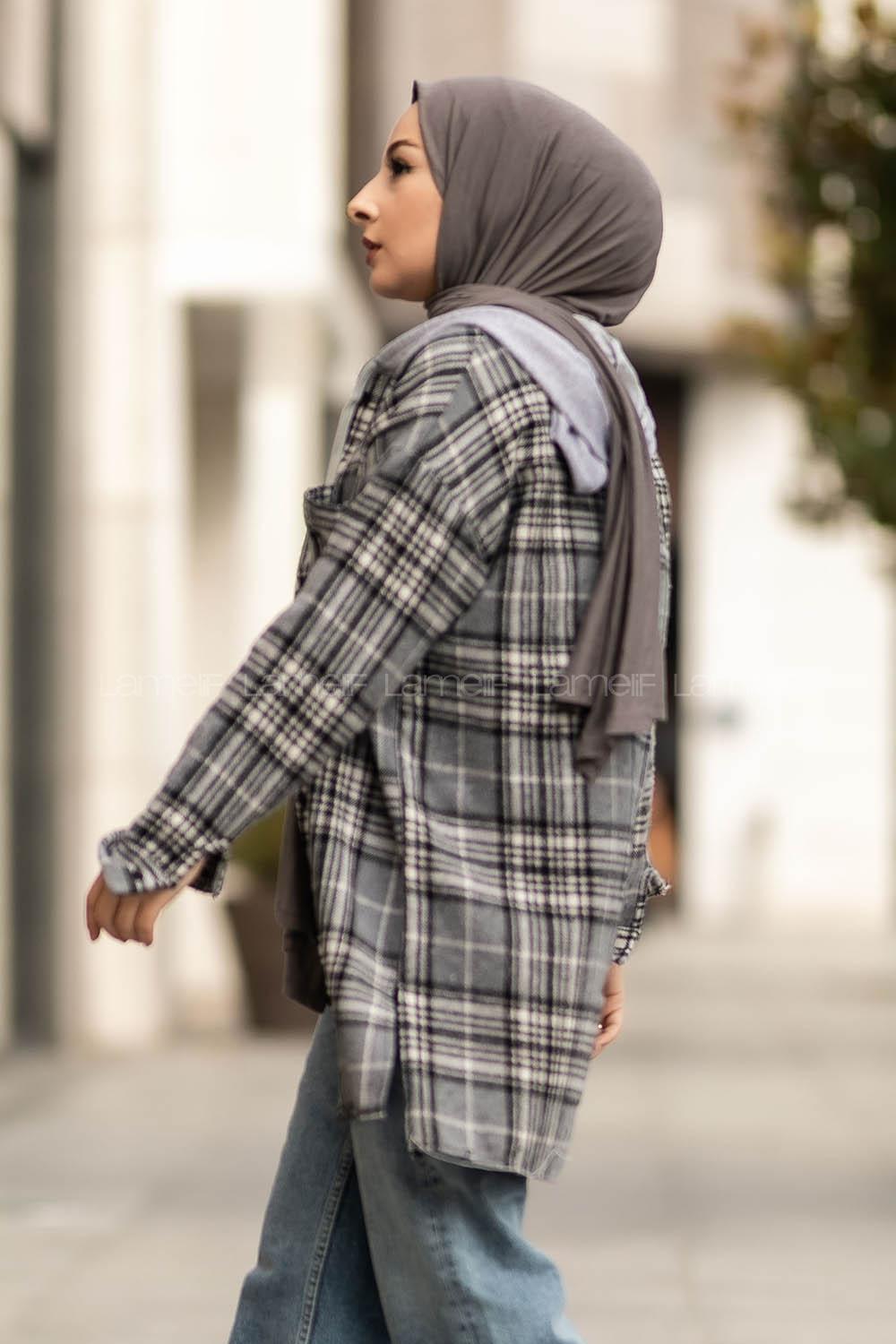 Modalamelif Kapüşonlu Tek Cep Detaylı Oduncu Ekose Pötikare Gri