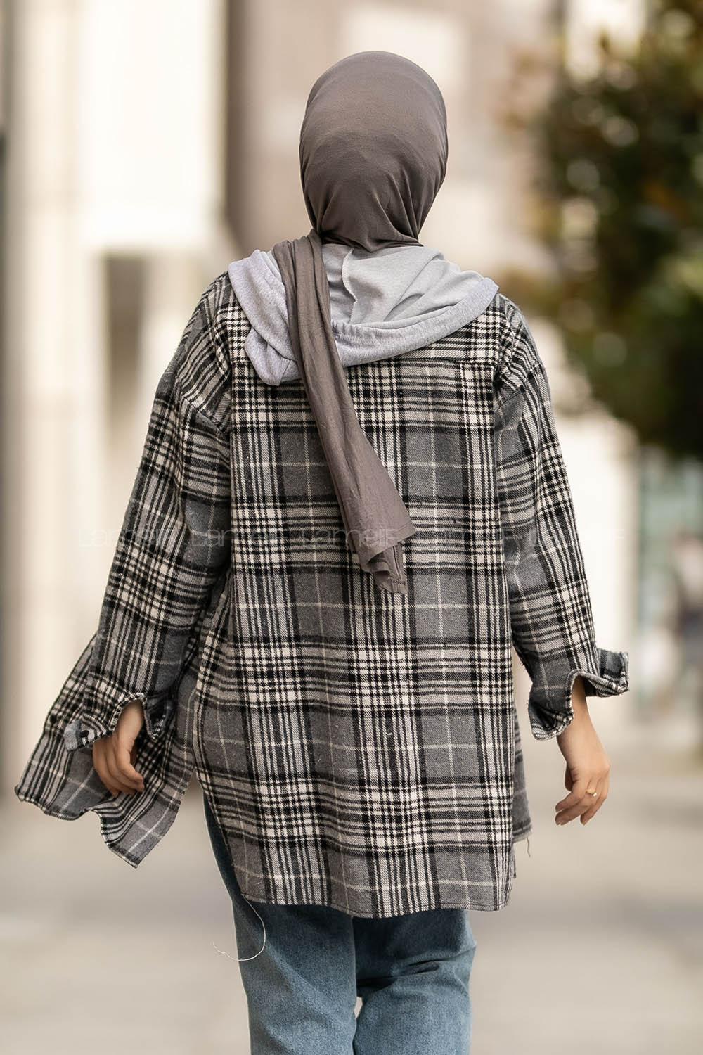 Modalamelif Kapüşonlu Tek Cep Detaylı Oduncu Ekose Pötikare Gri