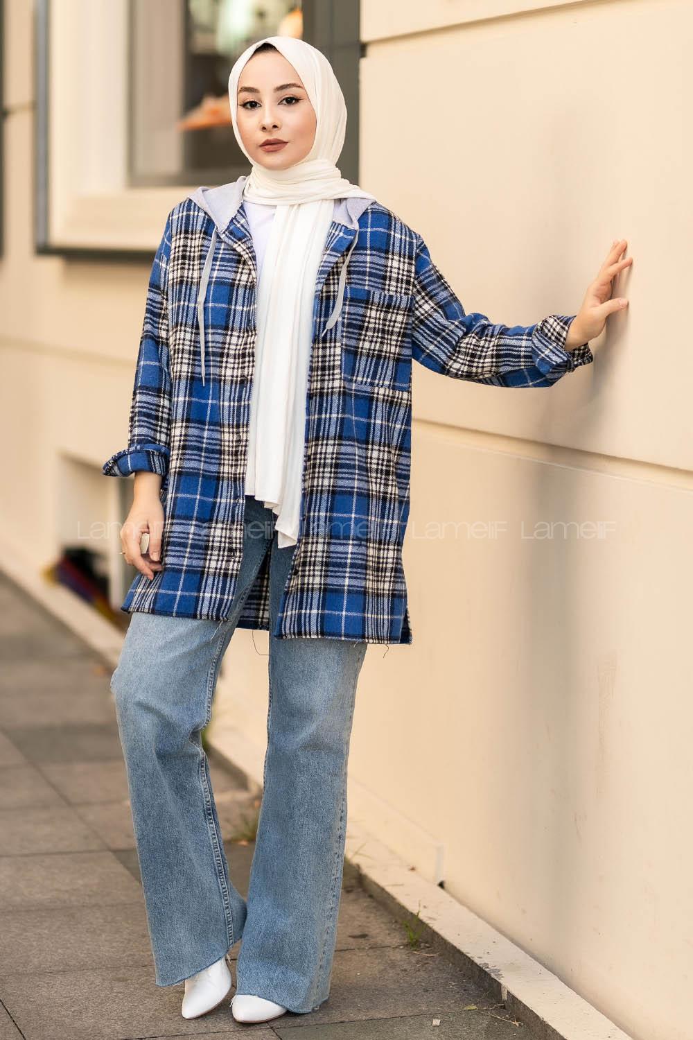 Modalamelif Kapüşonlu Tek Cep Detaylı Oduncu Ekose Pötikare İndigo