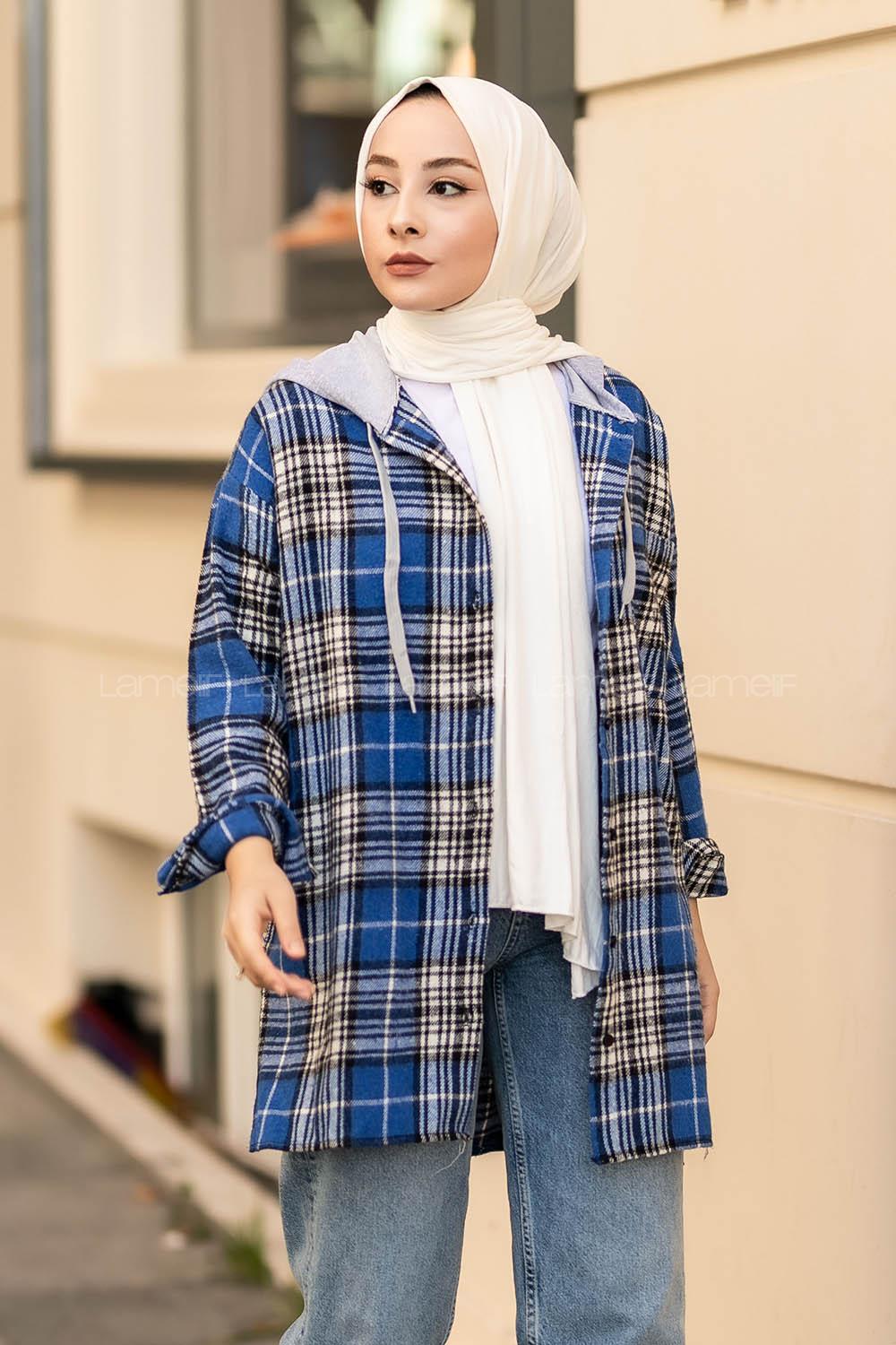 Modalamelif Kapüşonlu Tek Cep Detaylı Oduncu Ekose Pötikare İndigo