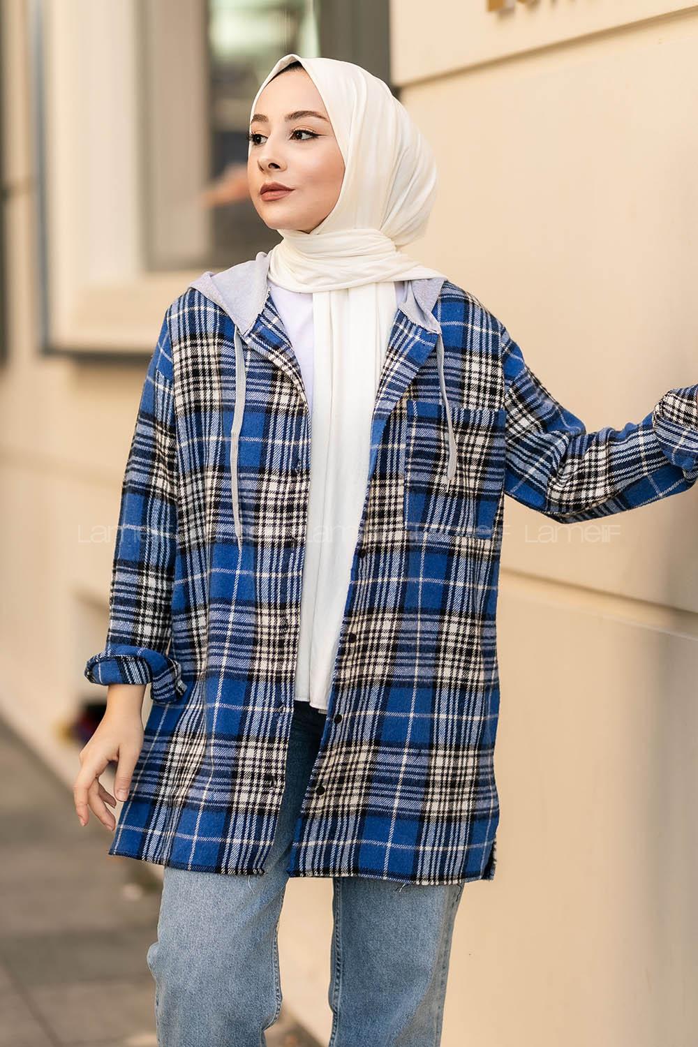 Modalamelif Kapüşonlu Tek Cep Detaylı Oduncu Ekose Pötikare İndigo