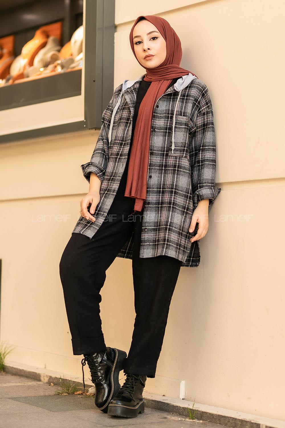 Modalamelif Kapüşonlu Tek Cep Detaylı Oduncu Ekose Pötikare Siyah-Antrasit