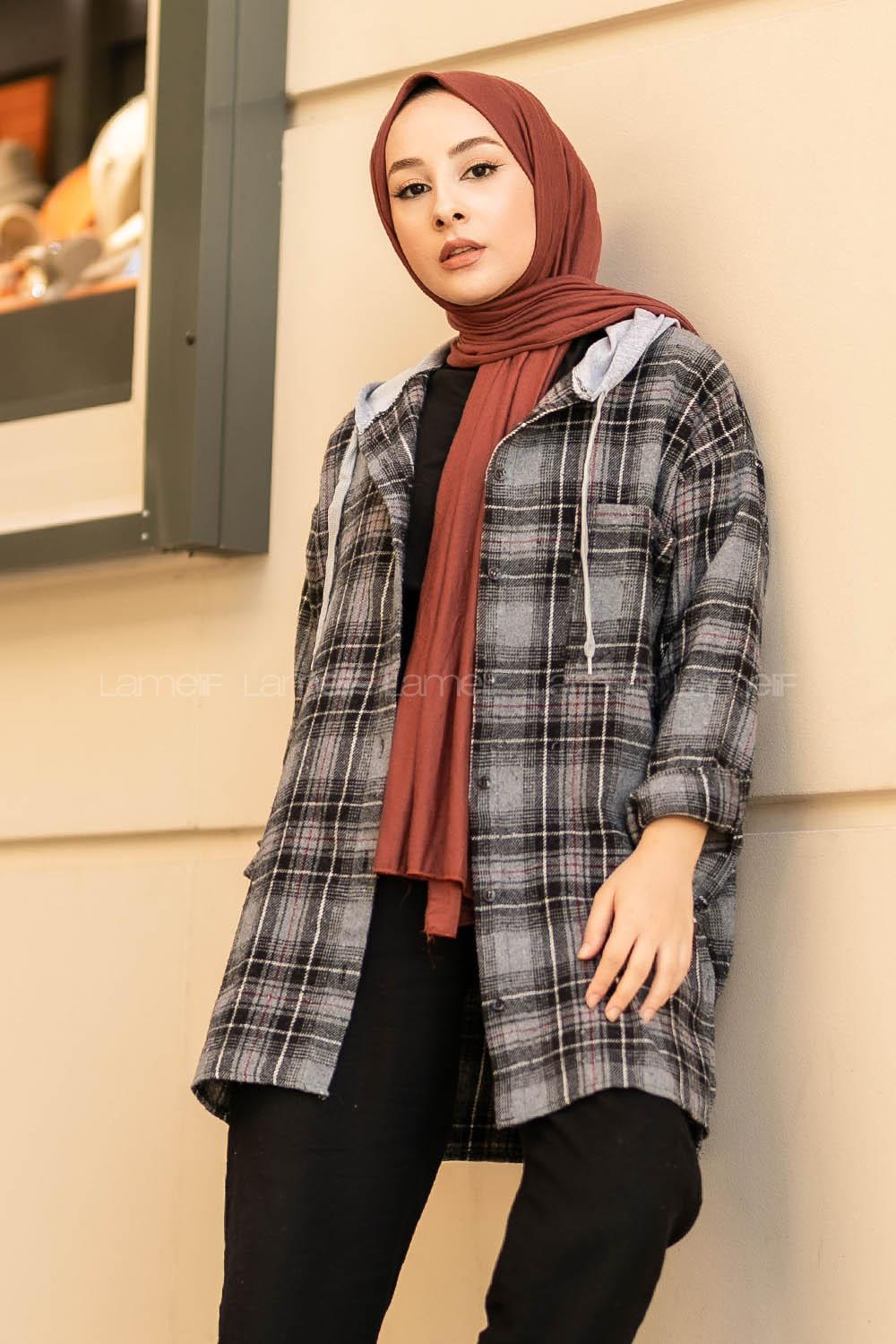 Modalamelif Kapüşonlu Tek Cep Detaylı Oduncu Ekose Pötikare Siyah-Antrasit