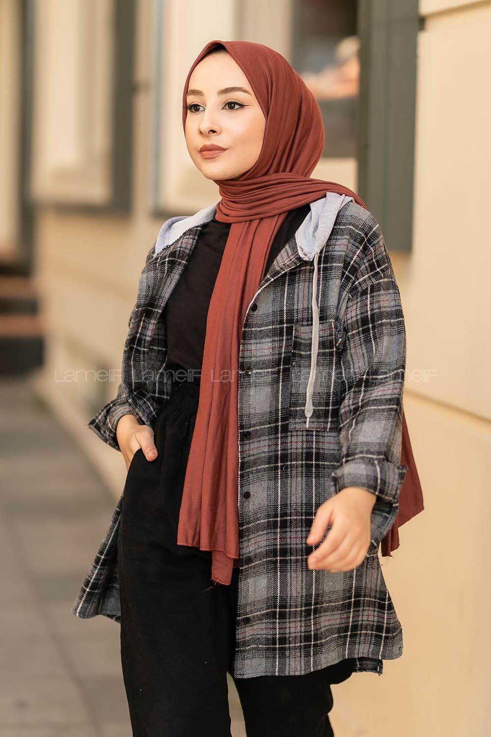 Modalamelif Kapüşonlu Tek Cep Detaylı Oduncu Ekose Pötikare Siyah-Antrasit