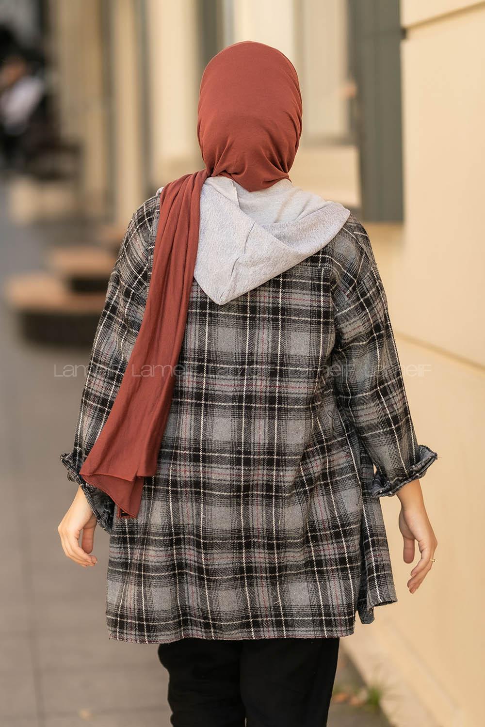 Modalamelif Kapüşonlu Tek Cep Detaylı Oduncu Ekose Pötikare Siyah-Antrasit