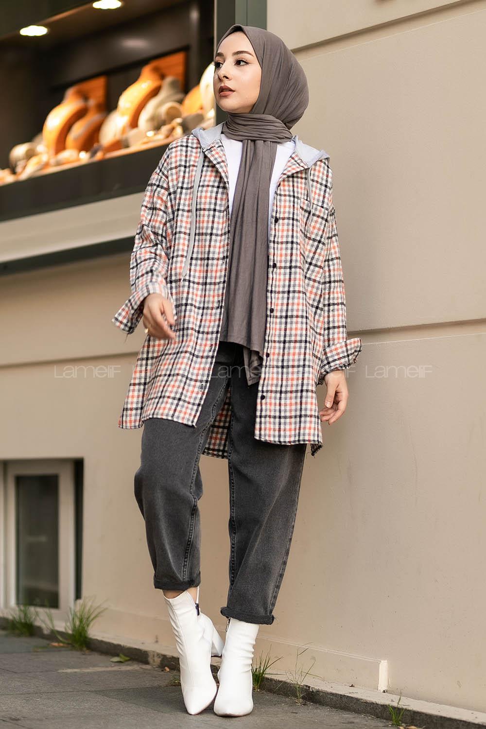 Modalamelif Kapüşonlu Tek Cep Detaylı Oduncu Ekose Pötikare Turuncu