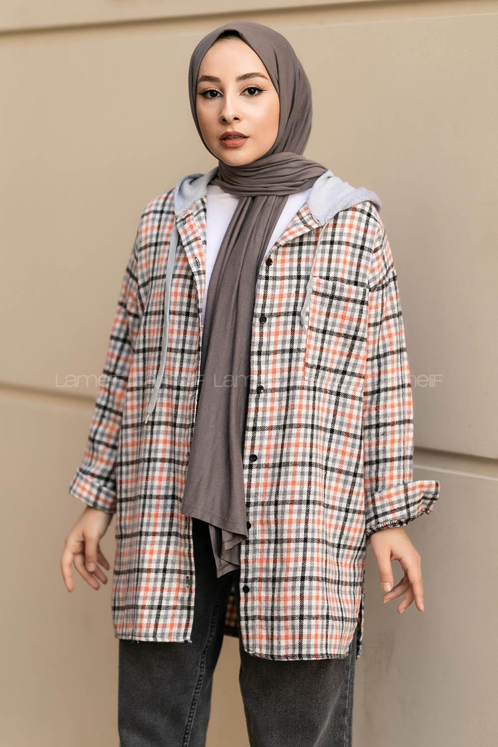 Modalamelif Kapüşonlu Tek Cep Detaylı Oduncu Ekose Pötikare Turuncu