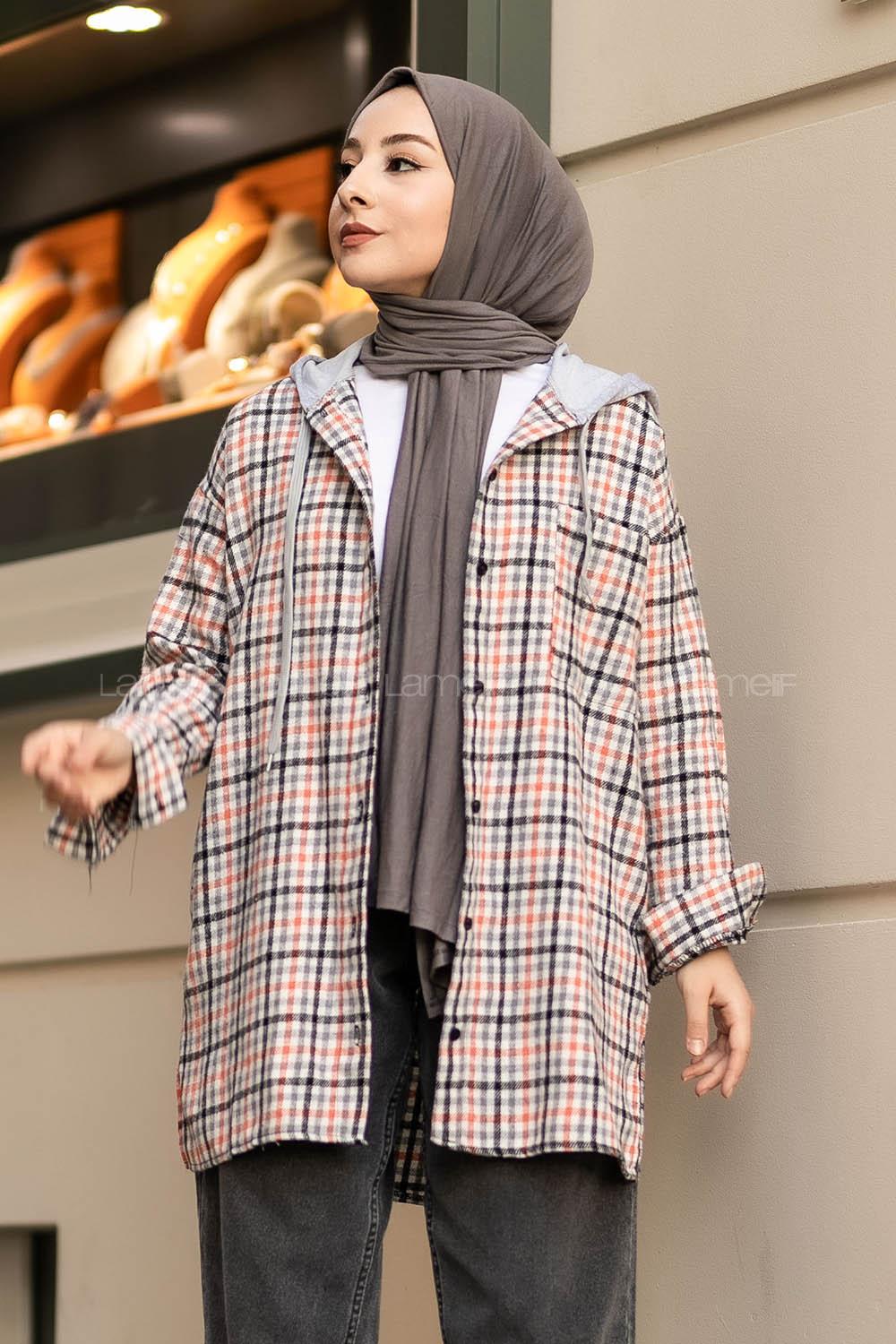 Modalamelif Kapüşonlu Tek Cep Detaylı Oduncu Ekose Pötikare Turuncu