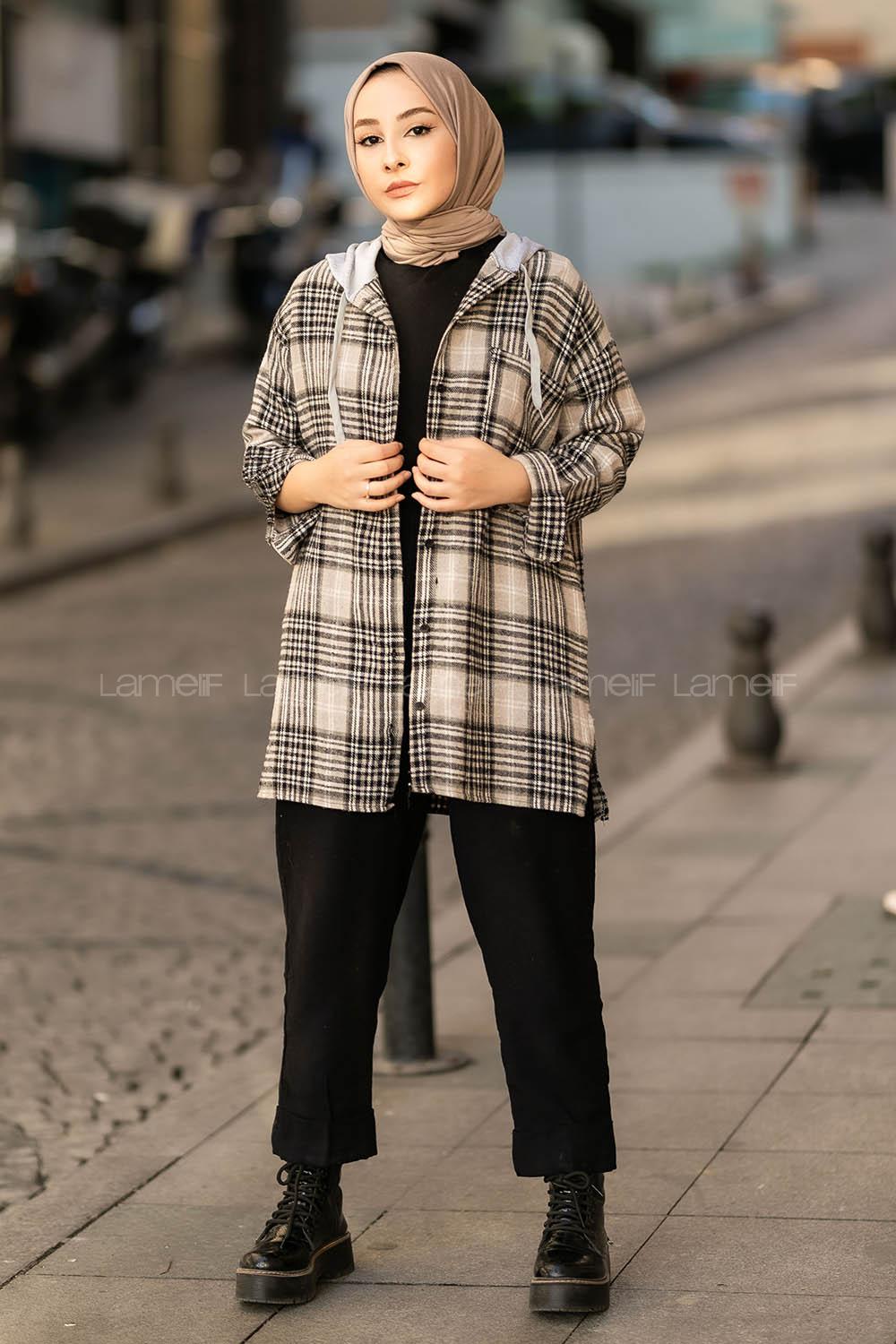 Modalamelif Kapüşonlu Tek Cep Detaylı Oduncu Ekose Pötikare Vizonrengi