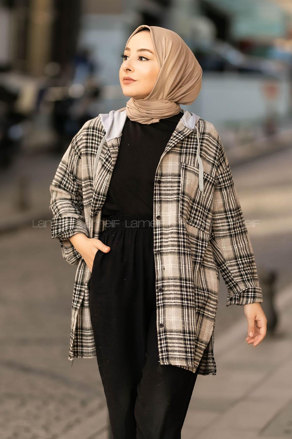 Modalamelif Kapüşonlu Tek Cep Detaylı Oduncu Ekose Pötikare Vizonrengi