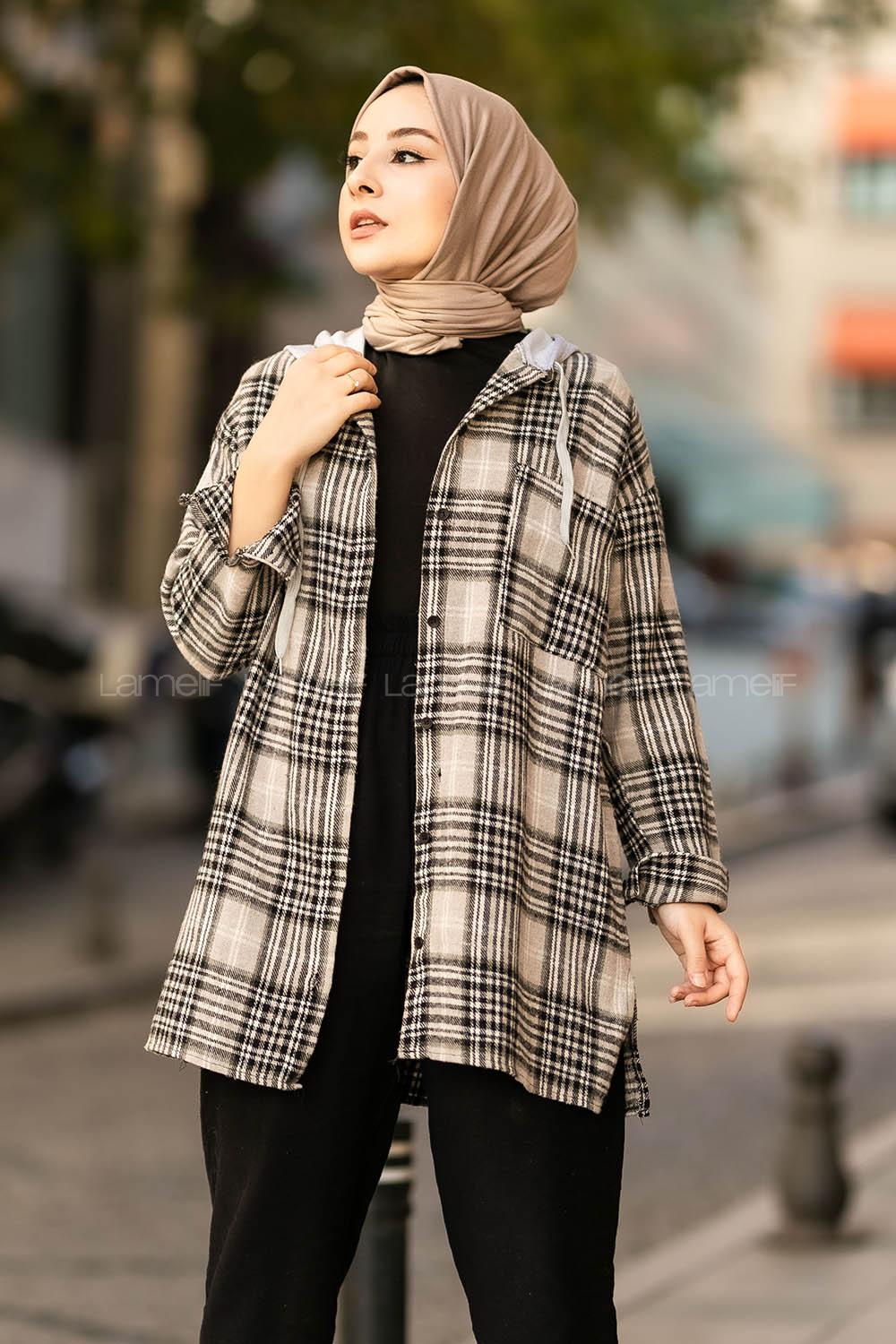 Modalamelif Kapüşonlu Tek Cep Detaylı Oduncu Ekose Pötikare Vizonrengi