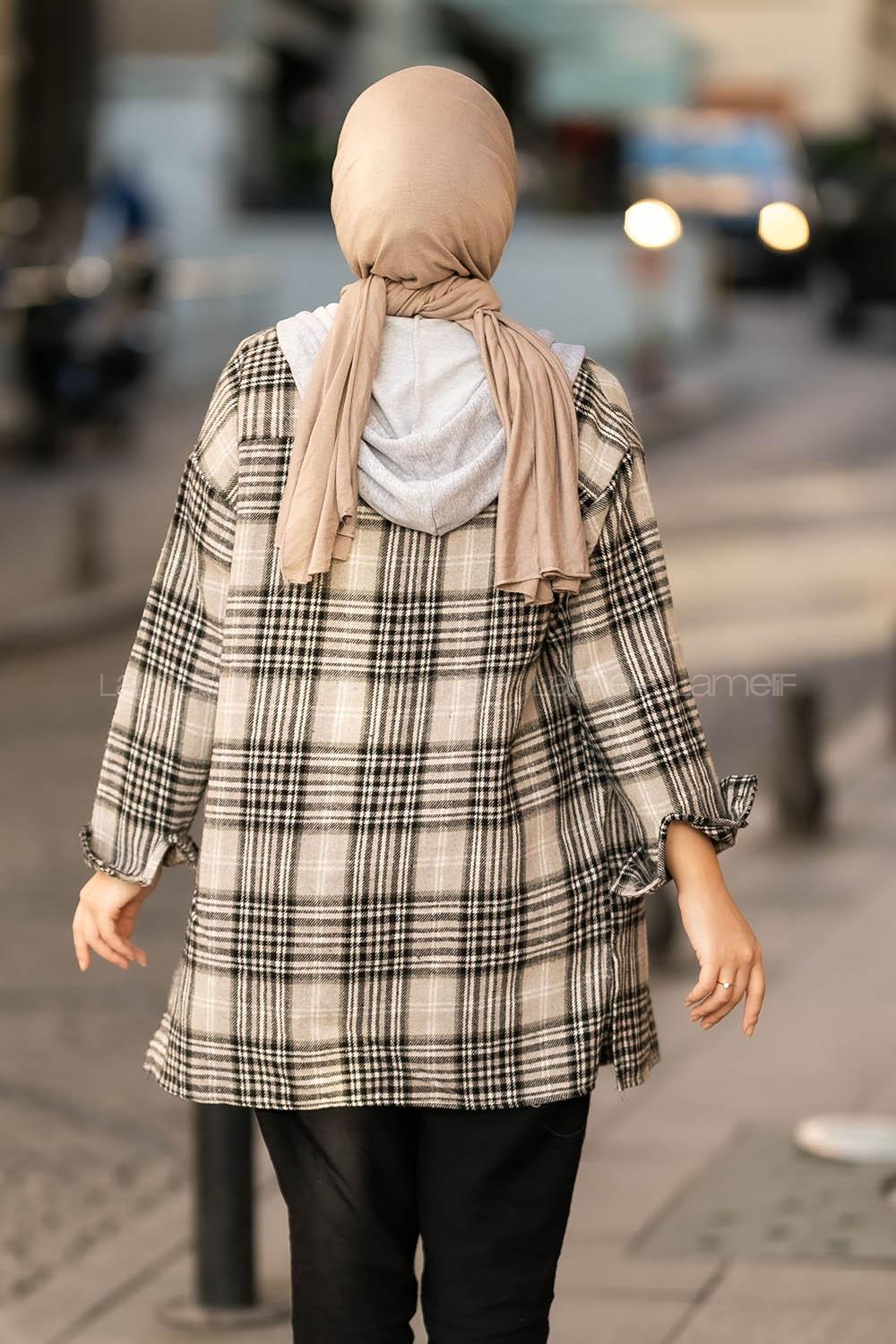 Modalamelif Kapüşonlu Tek Cep Detaylı Oduncu Ekose Pötikare Vizonrengi