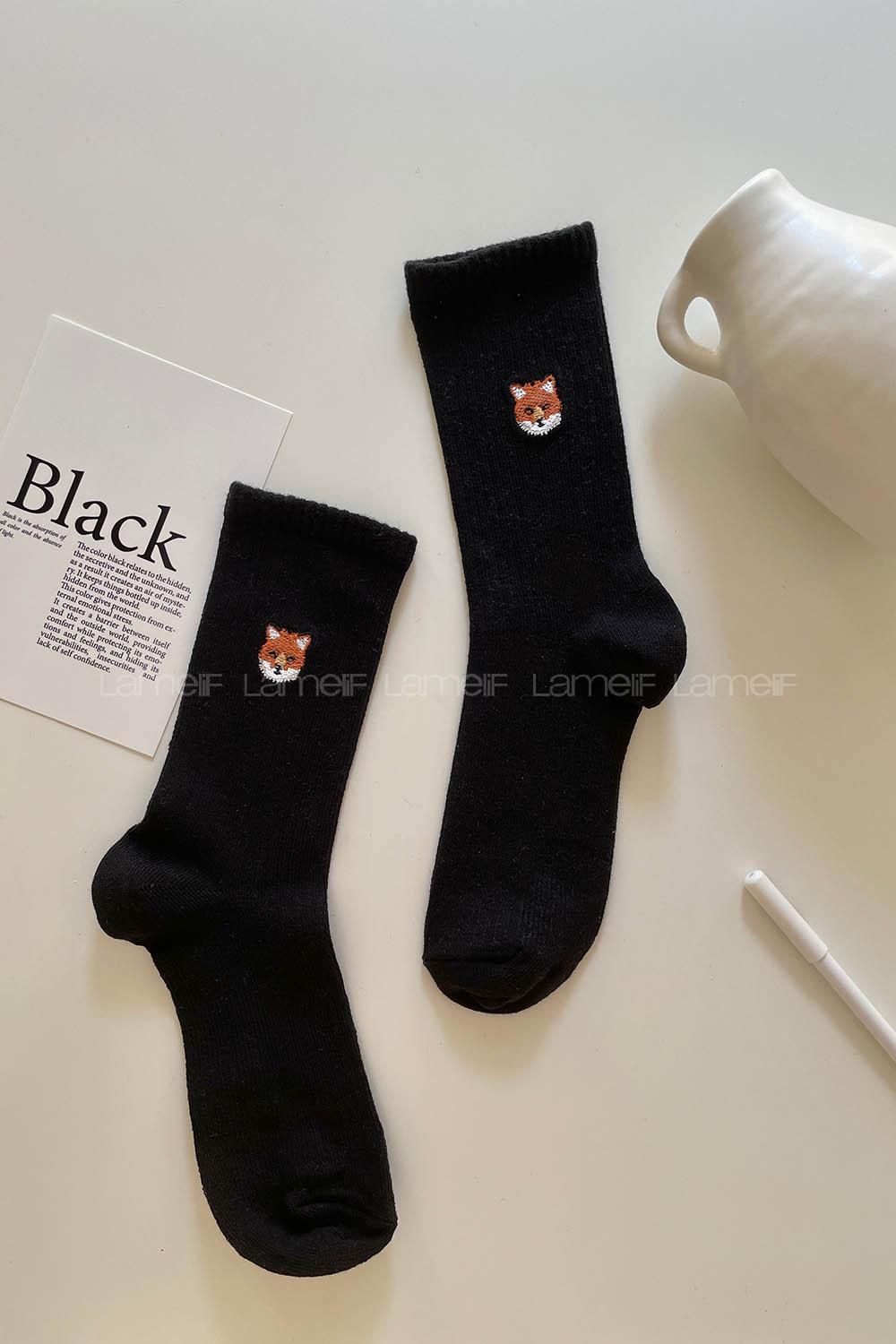 Modalamelif Koca Tilki Nakış İşlemeli Tenis Çorap Siyah