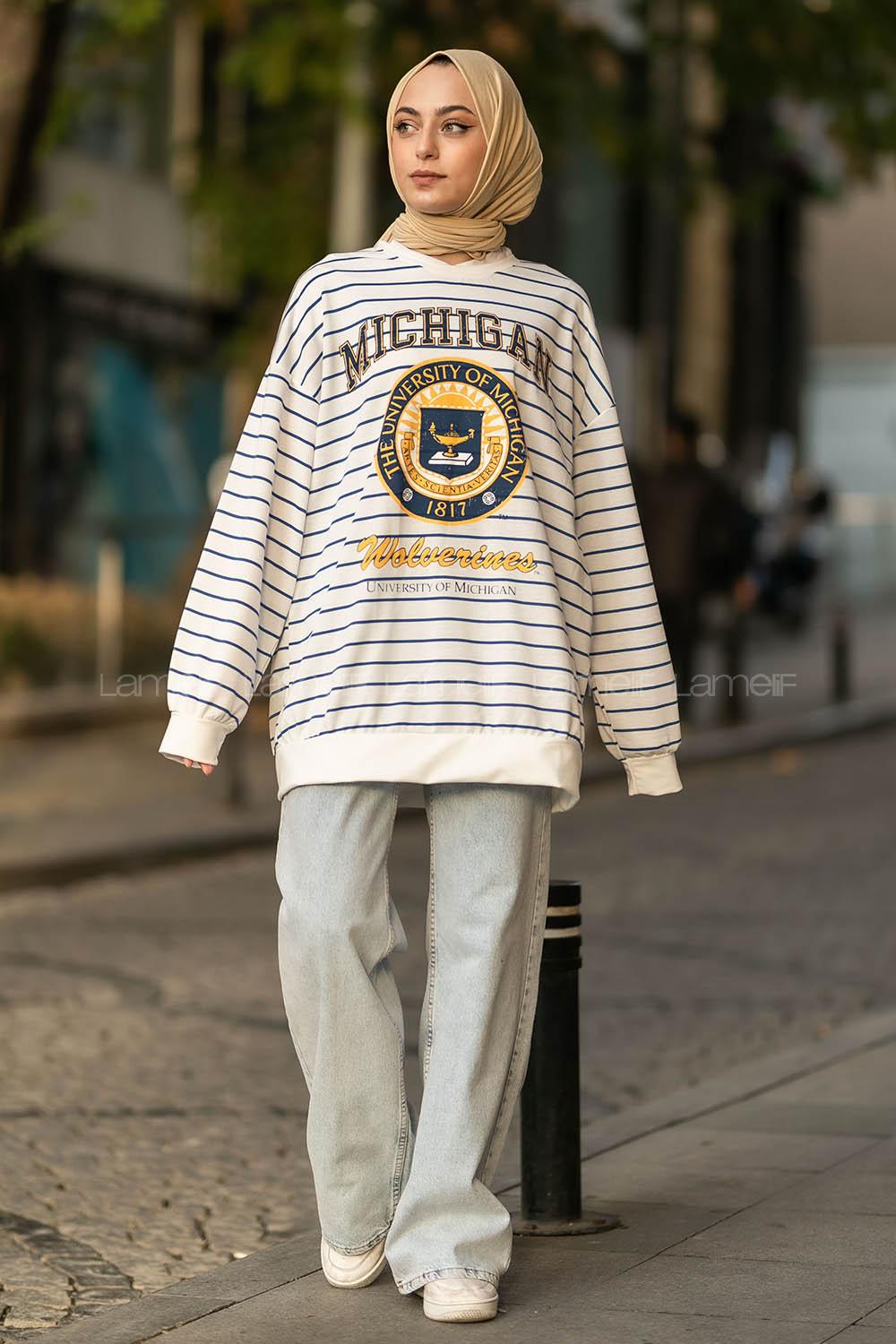 Modalamelif Mıchıgan Yazı Baskılı Çizgi Desenli Sweat Beyaz-Mavi