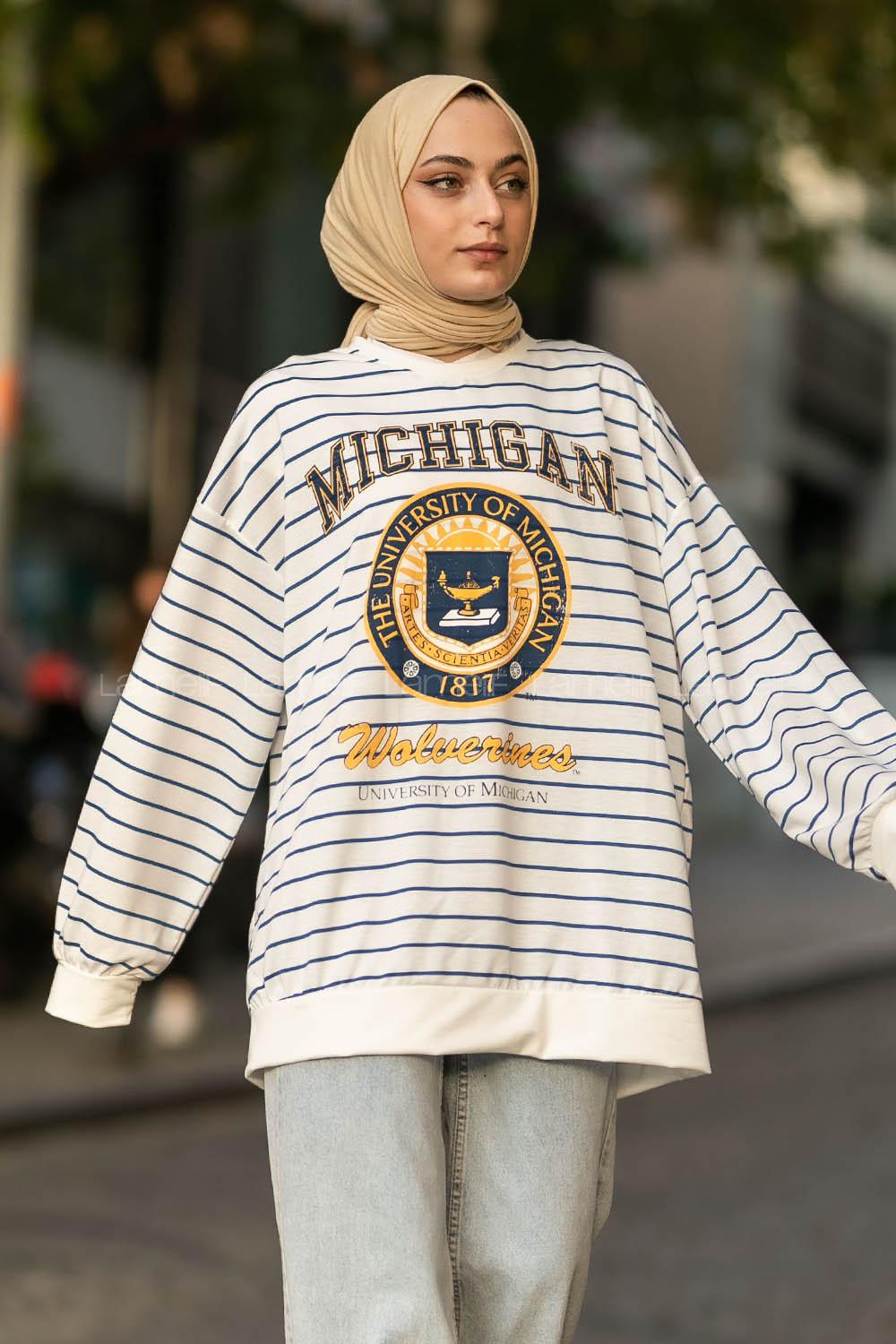 Modalamelif Mıchıgan Yazı Baskılı Çizgi Desenli Sweat Beyaz-Mavi