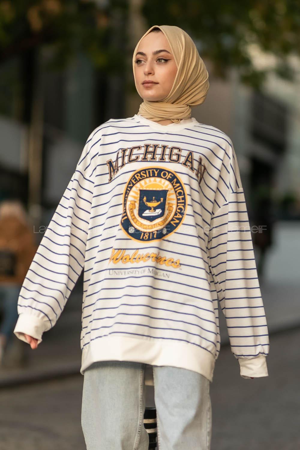 Modalamelif Mıchıgan Yazı Baskılı Çizgi Desenli Sweat Beyaz-Mavi