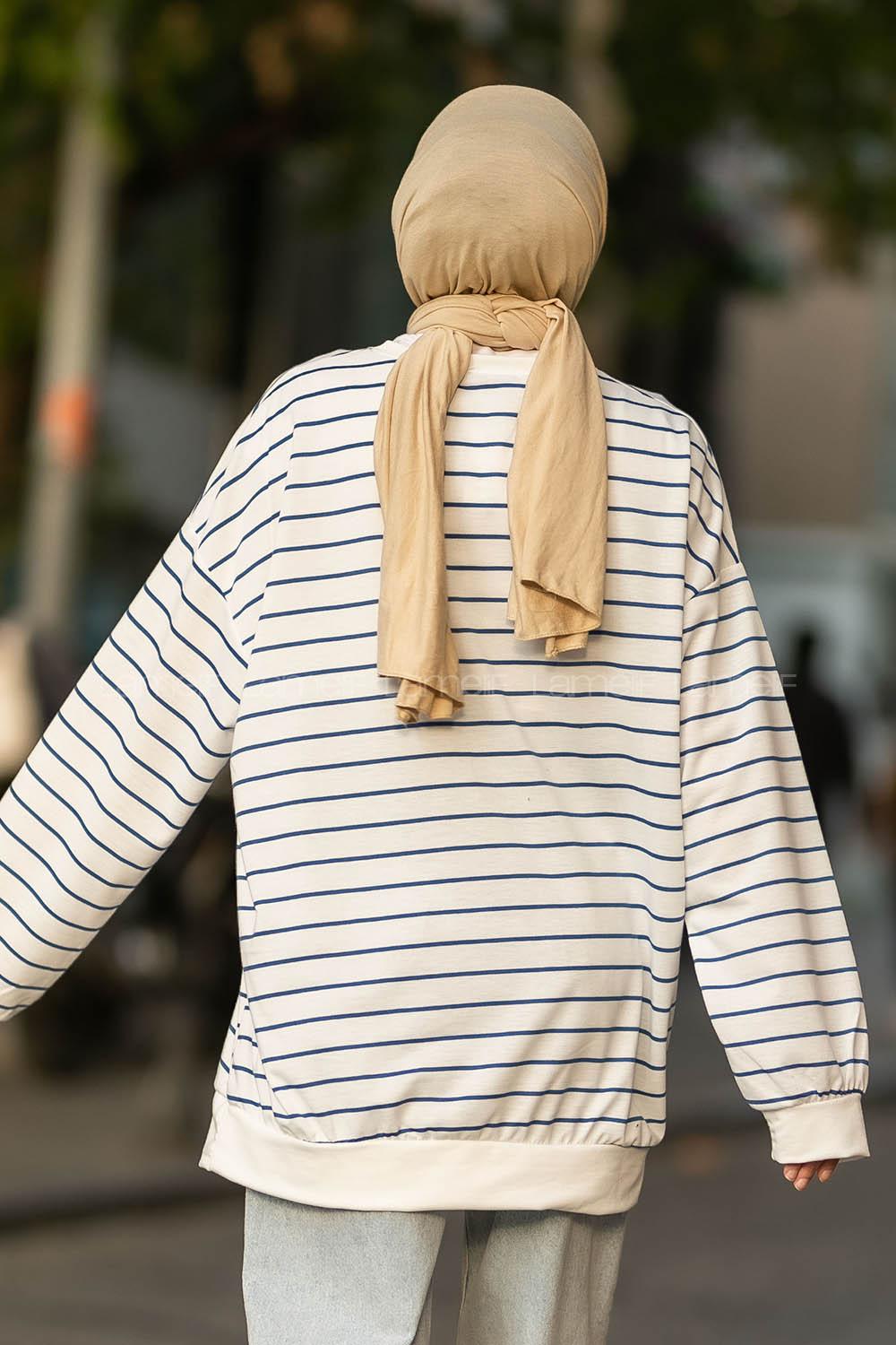 Modalamelif Mıchıgan Yazı Baskılı Çizgi Desenli Sweat Beyaz-Mavi