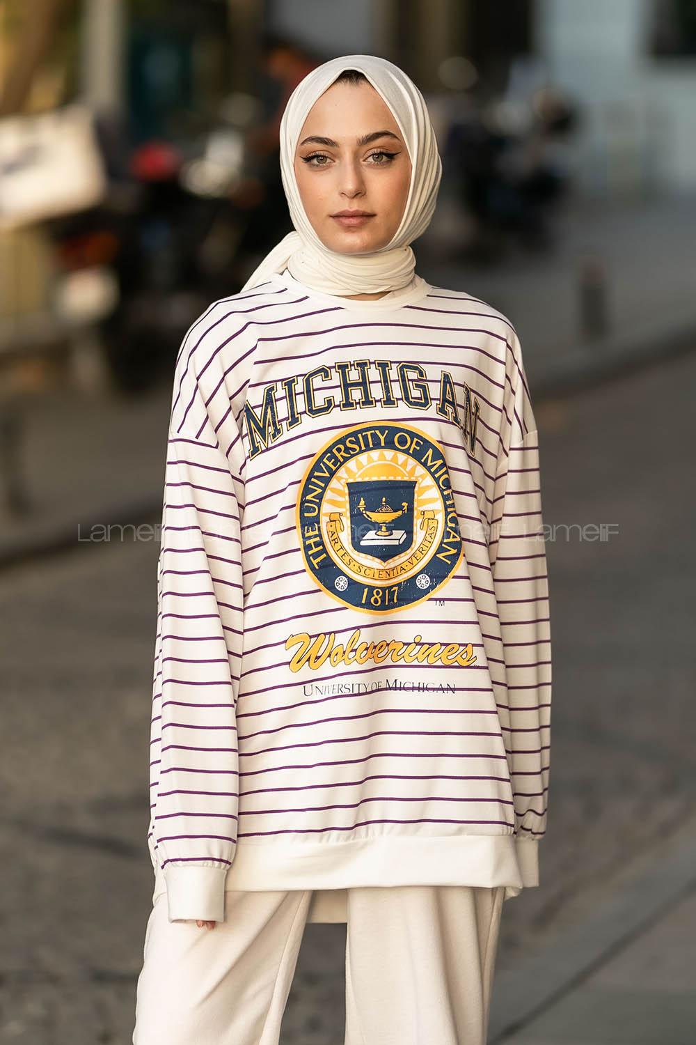 Modalamelif Mıchıgan Yazı Baskılı Çizgi Desenli Sweat Beyaz-Mor
