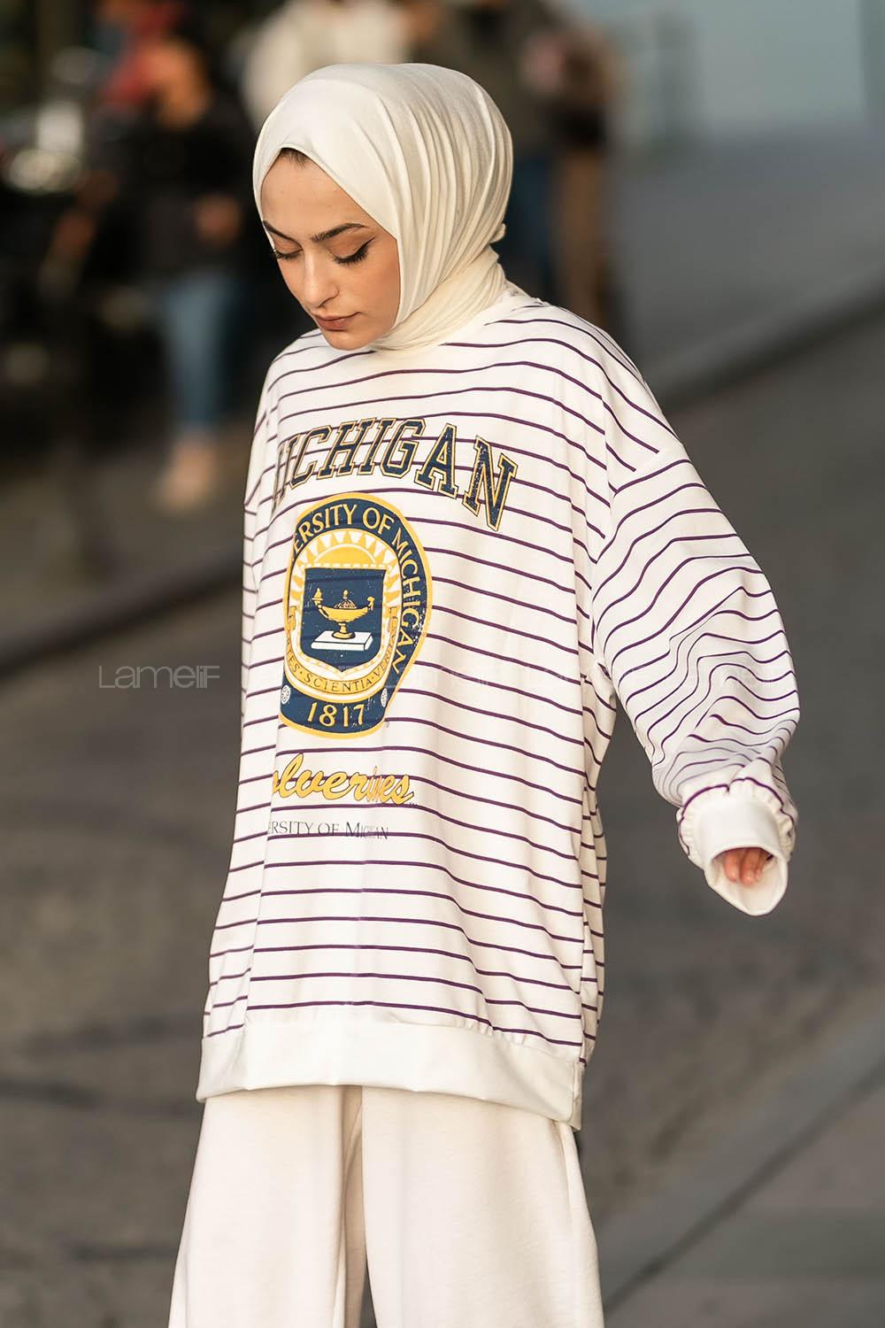Modalamelif Mıchıgan Yazı Baskılı Çizgi Desenli Sweat Beyaz-Mor