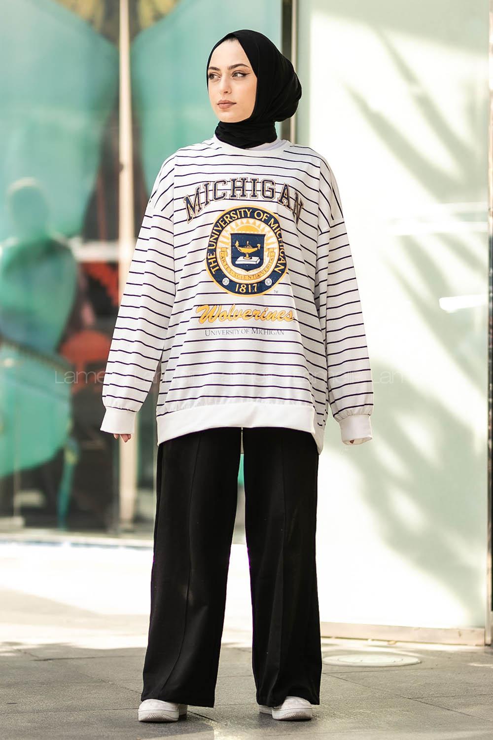 Modalamelif Mıchıgan Yazı Baskılı Çizgi Desenli Sweat Beyaz-Siyah