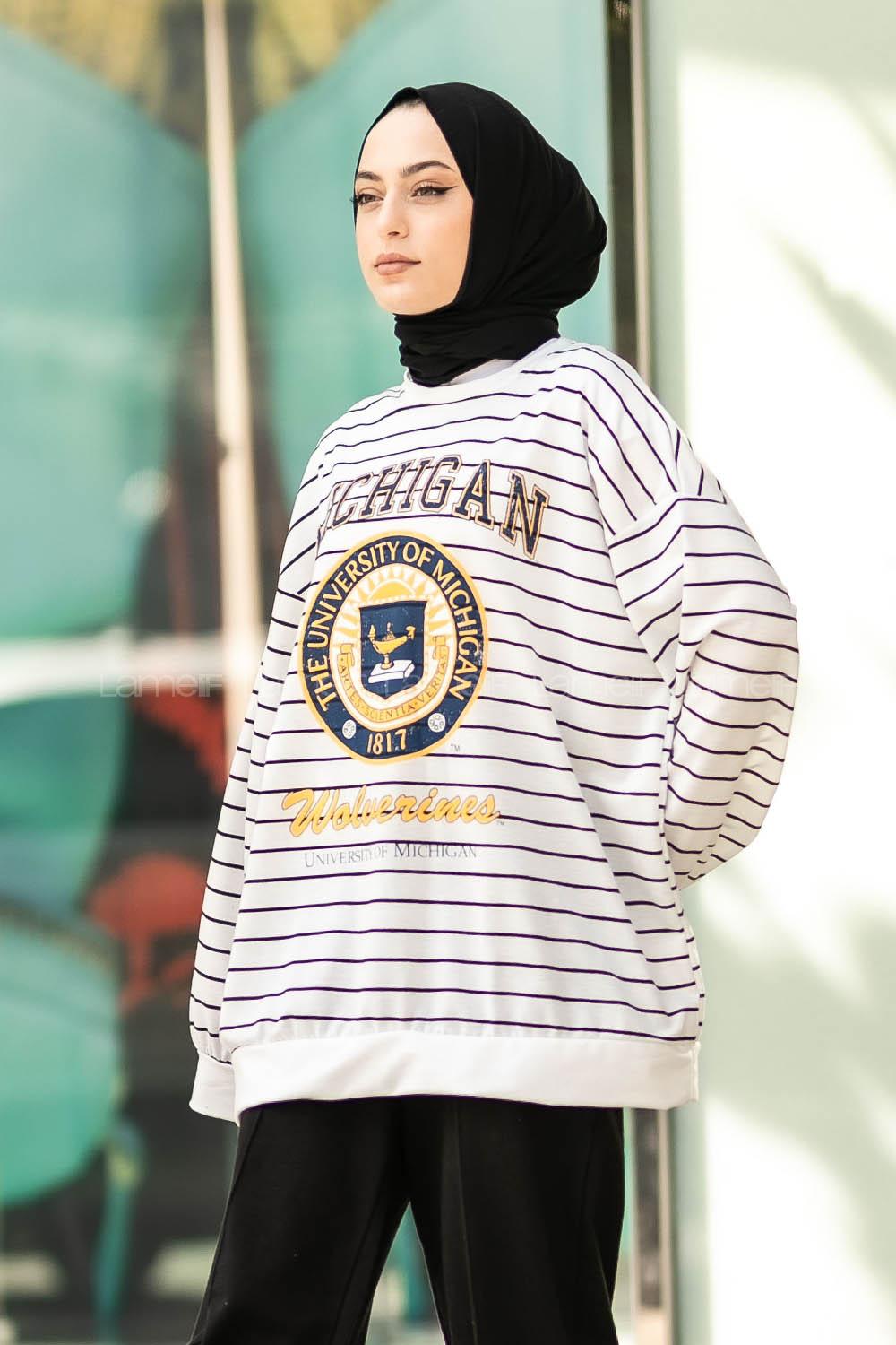 Modalamelif Mıchıgan Yazı Baskılı Çizgi Desenli Sweat Beyaz-Siyah
