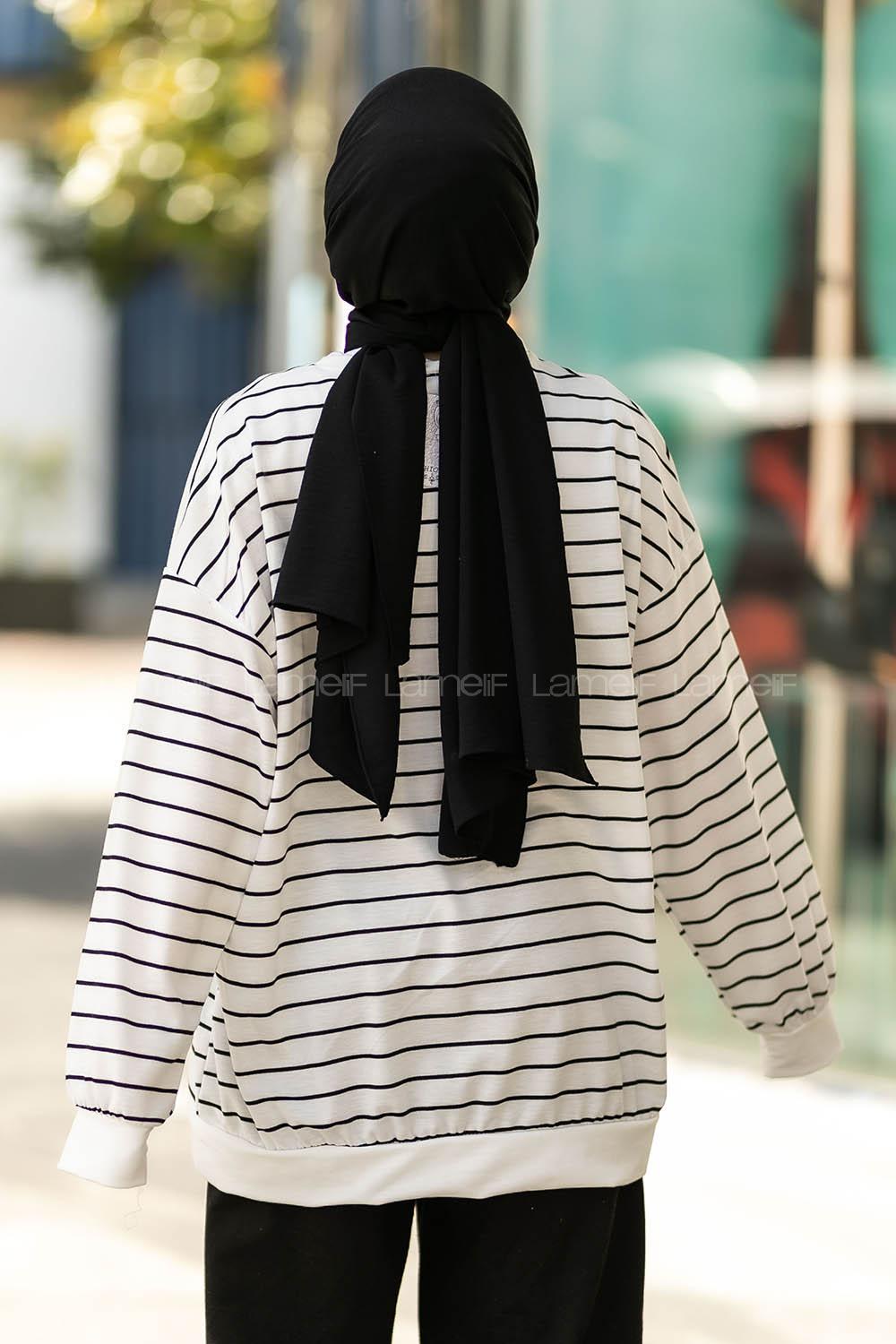 Modalamelif Mıchıgan Yazı Baskılı Çizgi Desenli Sweat Beyaz-Siyah