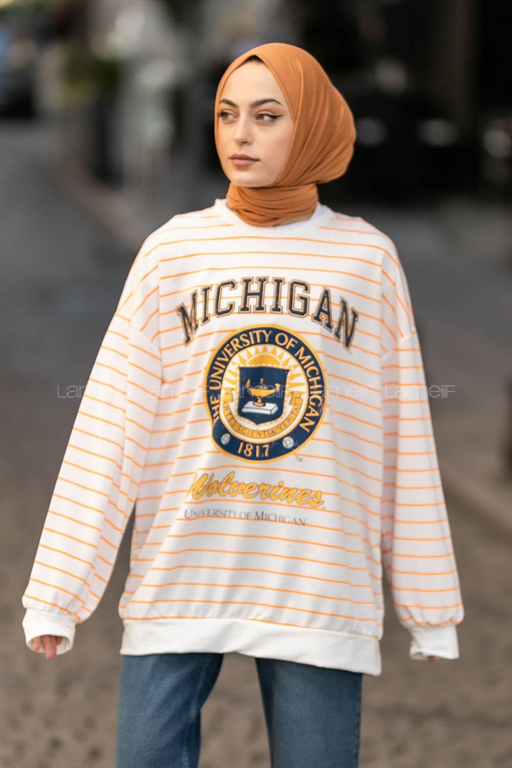 Modalamelif Mıchıgan Yazı Baskılı Çizgi Desenli Sweat Beyaz-Turuncu