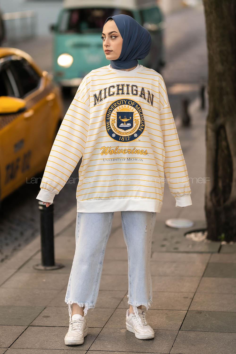 lif Mıchıgan Yazı Baskılı Çizgi Desenli Sweat Sarı-Beyaz