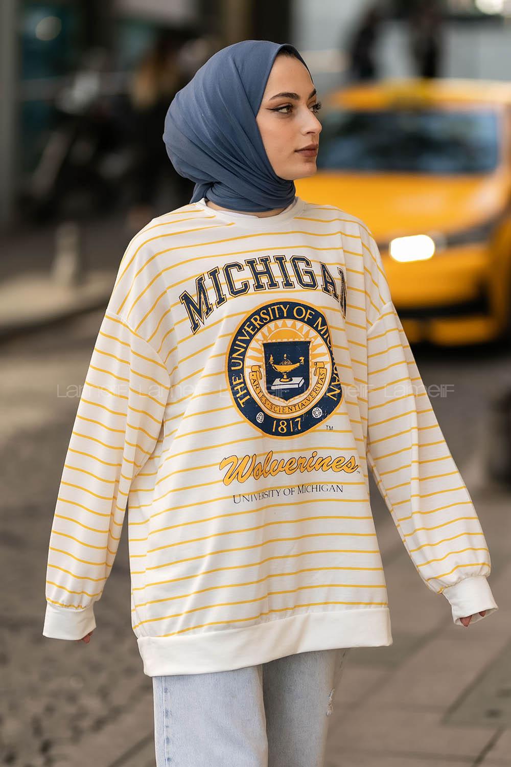 lif Mıchıgan Yazı Baskılı Çizgi Desenli Sweat Sarı-Beyaz
