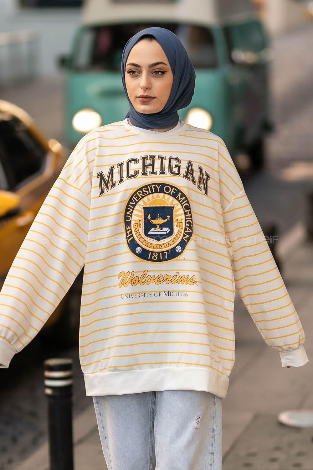 lif Mıchıgan Yazı Baskılı Çizgi Desenli Sweat Sarı-Beyaz