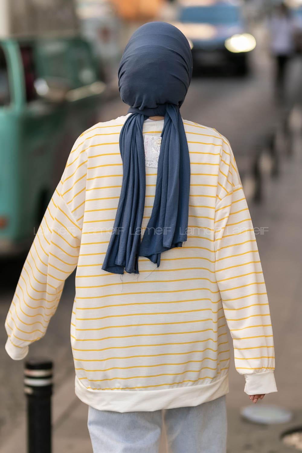 lif Mıchıgan Yazı Baskılı Çizgi Desenli Sweat Sarı-Beyaz