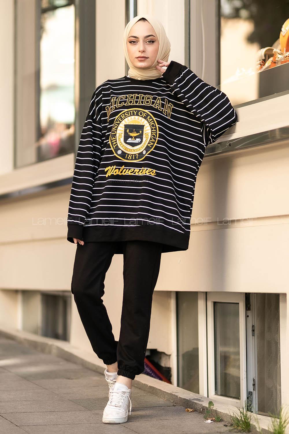 Modalamelif Mıchıgan Yazı Baskılı Çizgi Desenli Sweat Siyah-Beyaz